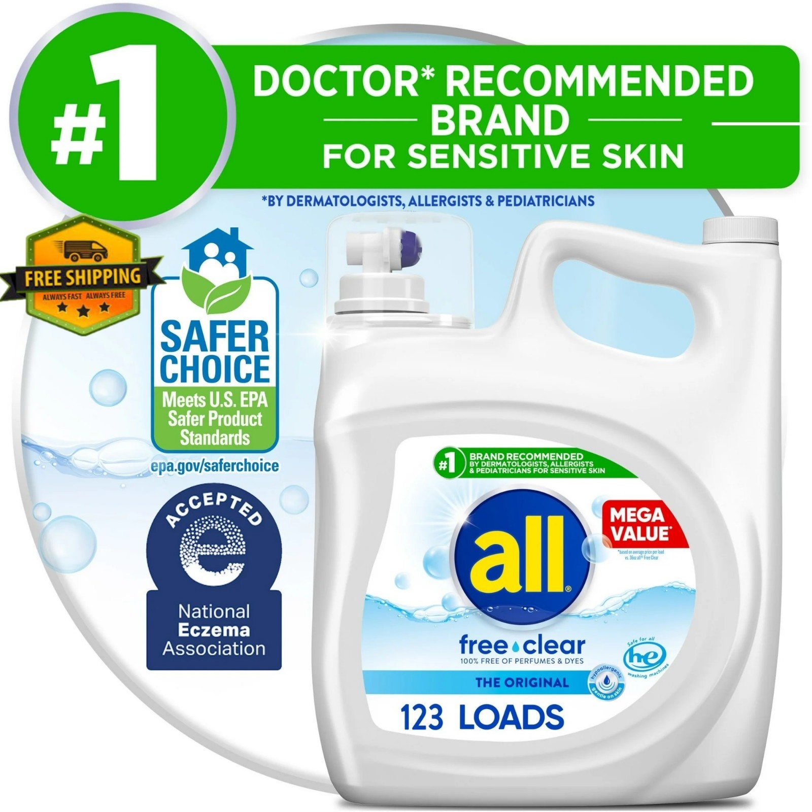 Free Clear Liquid Laundry Detergent, 184.5 oz, enough for 123 loads