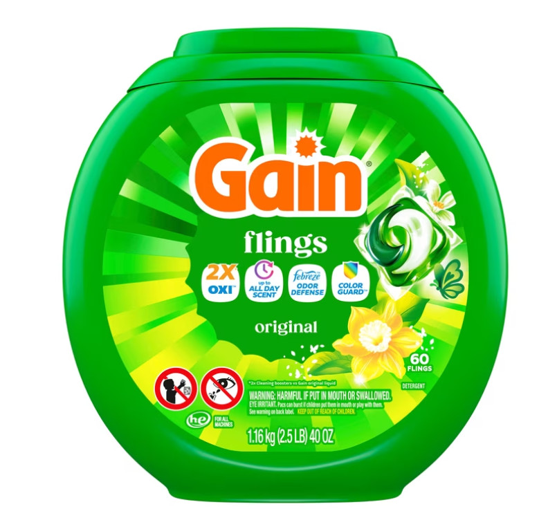 (2 pack)Gain Flings 4-in-1 Laundry Detergent Pacs Original 60 Count Oxi Boost