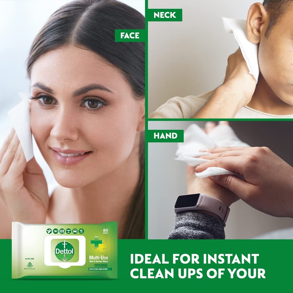 Dettol Disinfectant Wipes 80 Count – Safe for Skin & Surfaces, Moisture-Lock