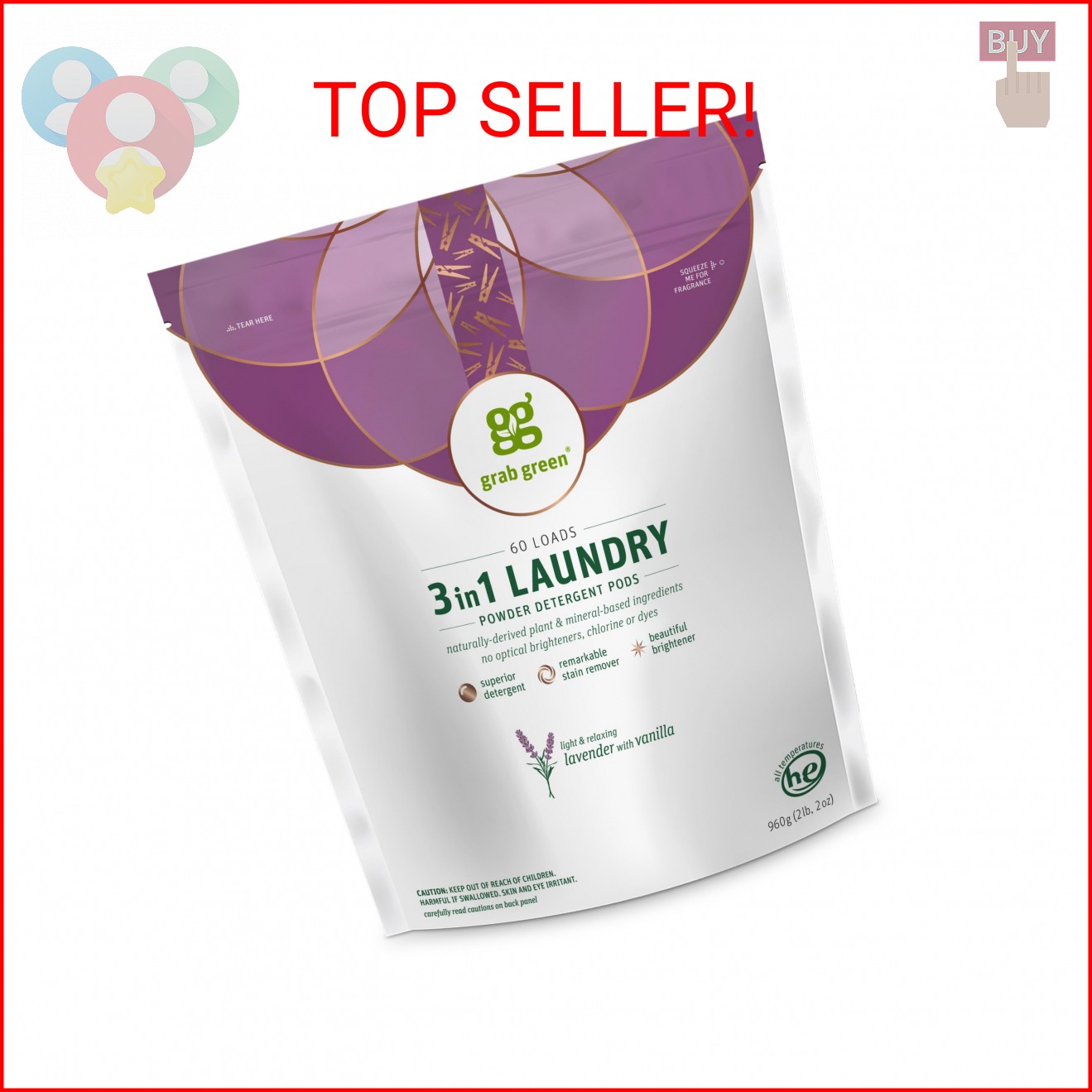 Grab Green Natural 3 in 1 Laundry Detergent Pods, Lavender + Vanilla-with Essent