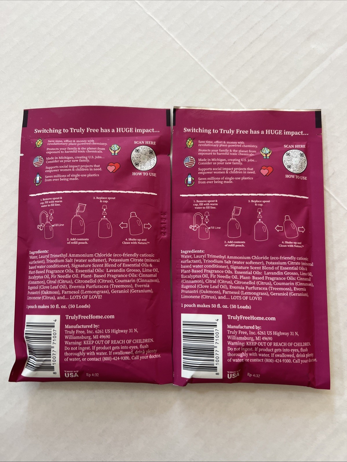 Truly Free Non-Toxic Softening Rinse Refill 50 Loads Two Packs Concentrate Lot