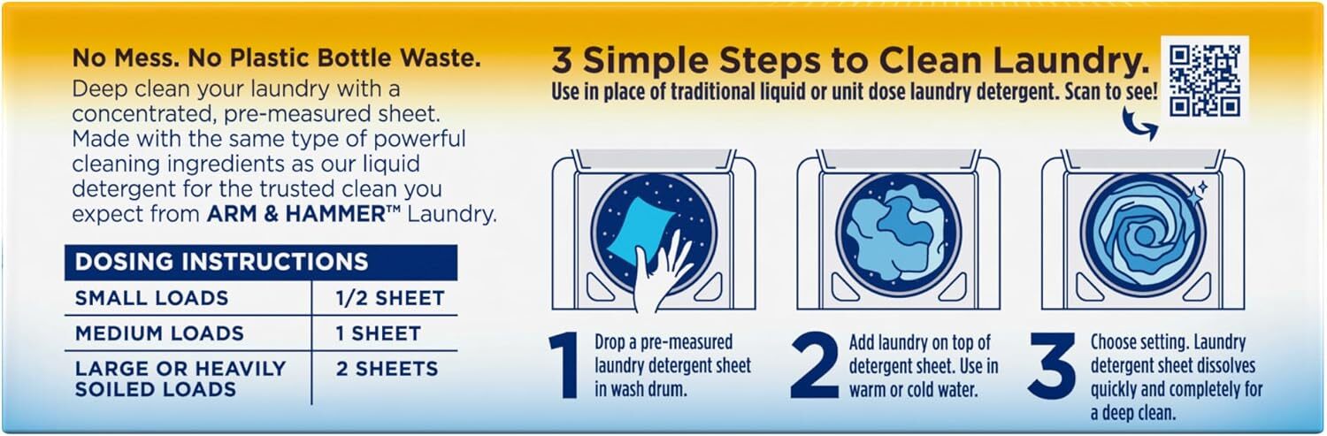 Power Sheets Laundry Detergent, Fresh Linen 50Ct, up to 100 Small Loads (Packagi