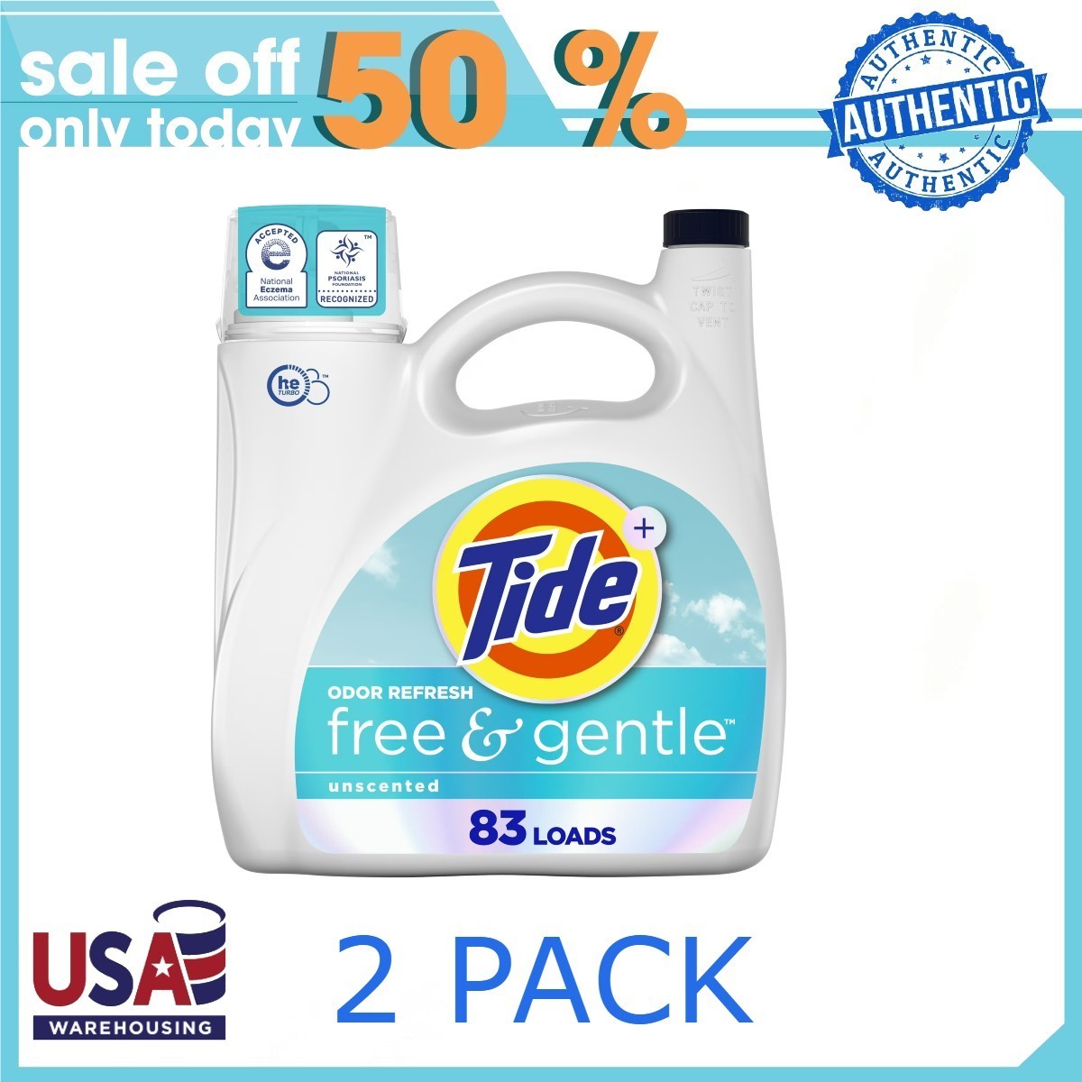 2P Tide Free & Gentle Laundry Detergent Liquid for Sensitive Skin 117fl oz