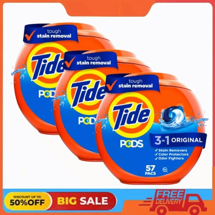 3 Pack Tide PODS Laundry Detergent Soap Pacs, Original Scent, 57 Count