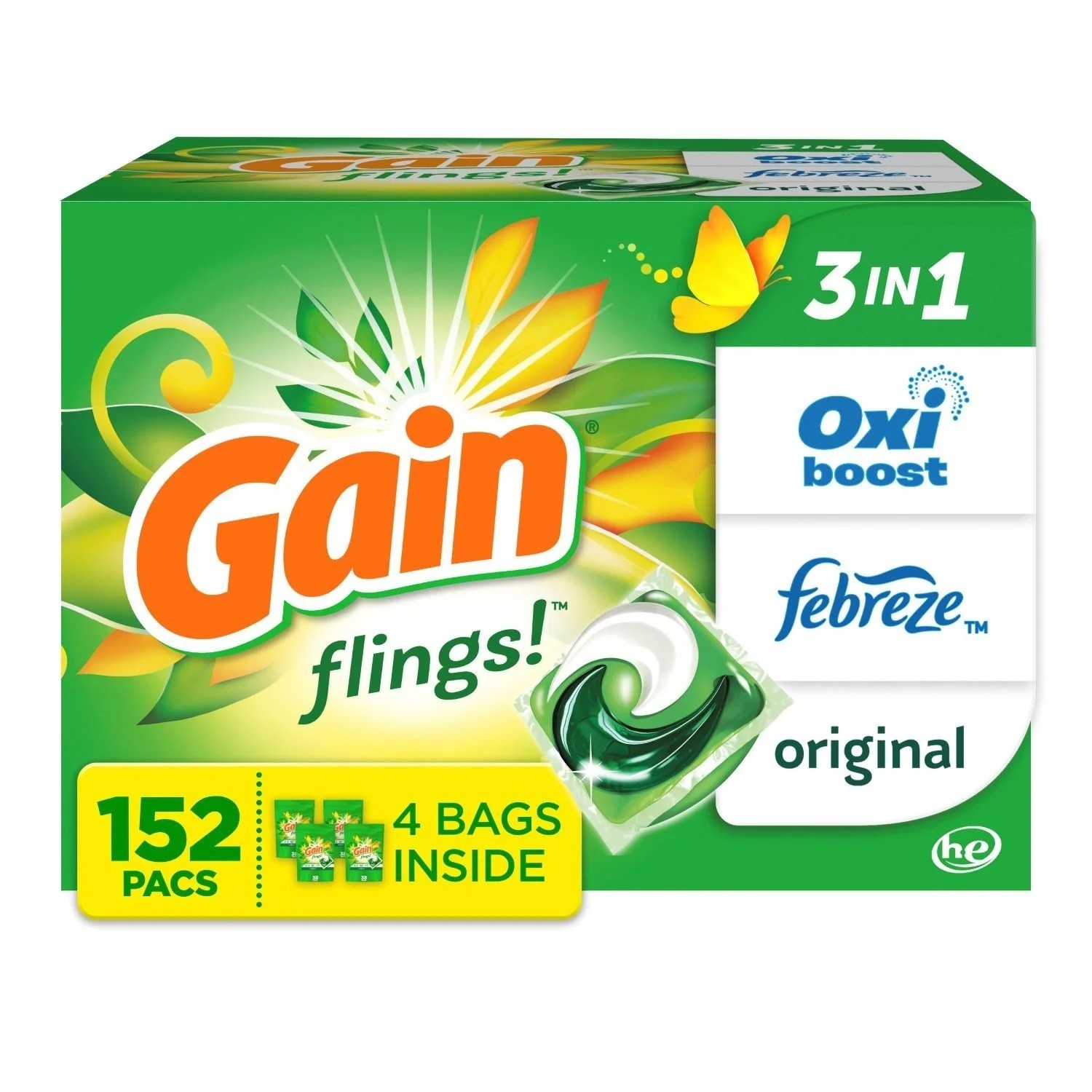 Gain Flings! 3 in 1 Laundry Detergent Pacs, Original Scents – Choose Your Count.