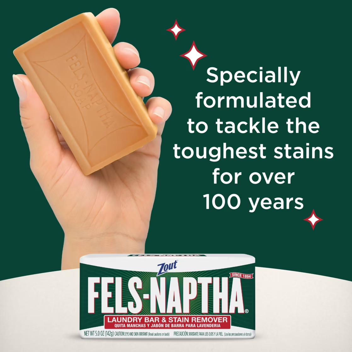 Zout Fels-Naptha Laundry Bar, Stain Remover Soap, 5 oz