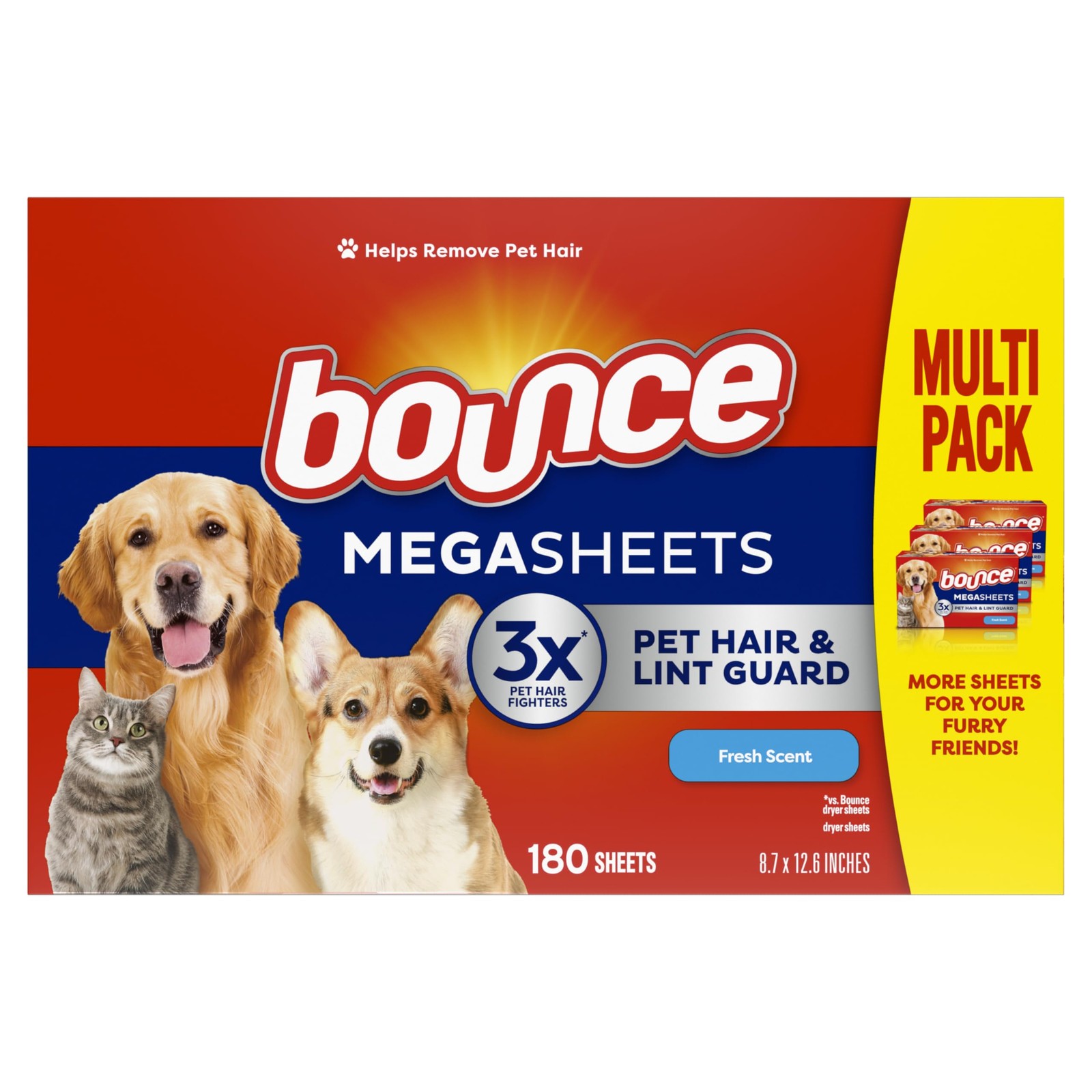 Bounce Pet Hair and Lint Guard Mega Dryer Sheets with 3X Pet Hair Fighters, Fr