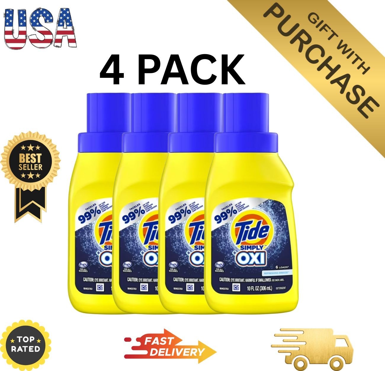 Tide Simply + Oxi Liquid Laundry Detergent Refreshing Breeze 10 fl oz (4 Pack)