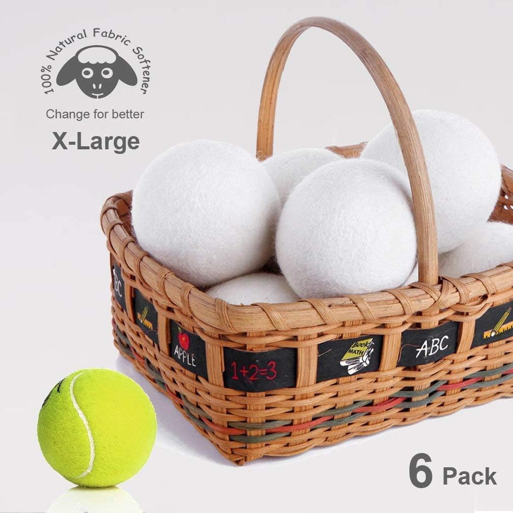 Wool Dryer Balls Organic XL 6-Pack, 100% New Zealand Wool Chemical Free Fabric S