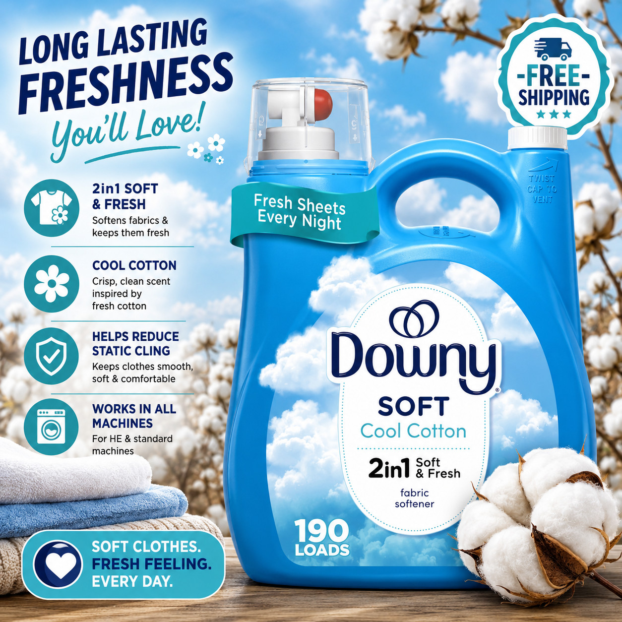 Downy Fabric Softener Cool Cotton 140 fl oz 190 Loads- Free Shipping