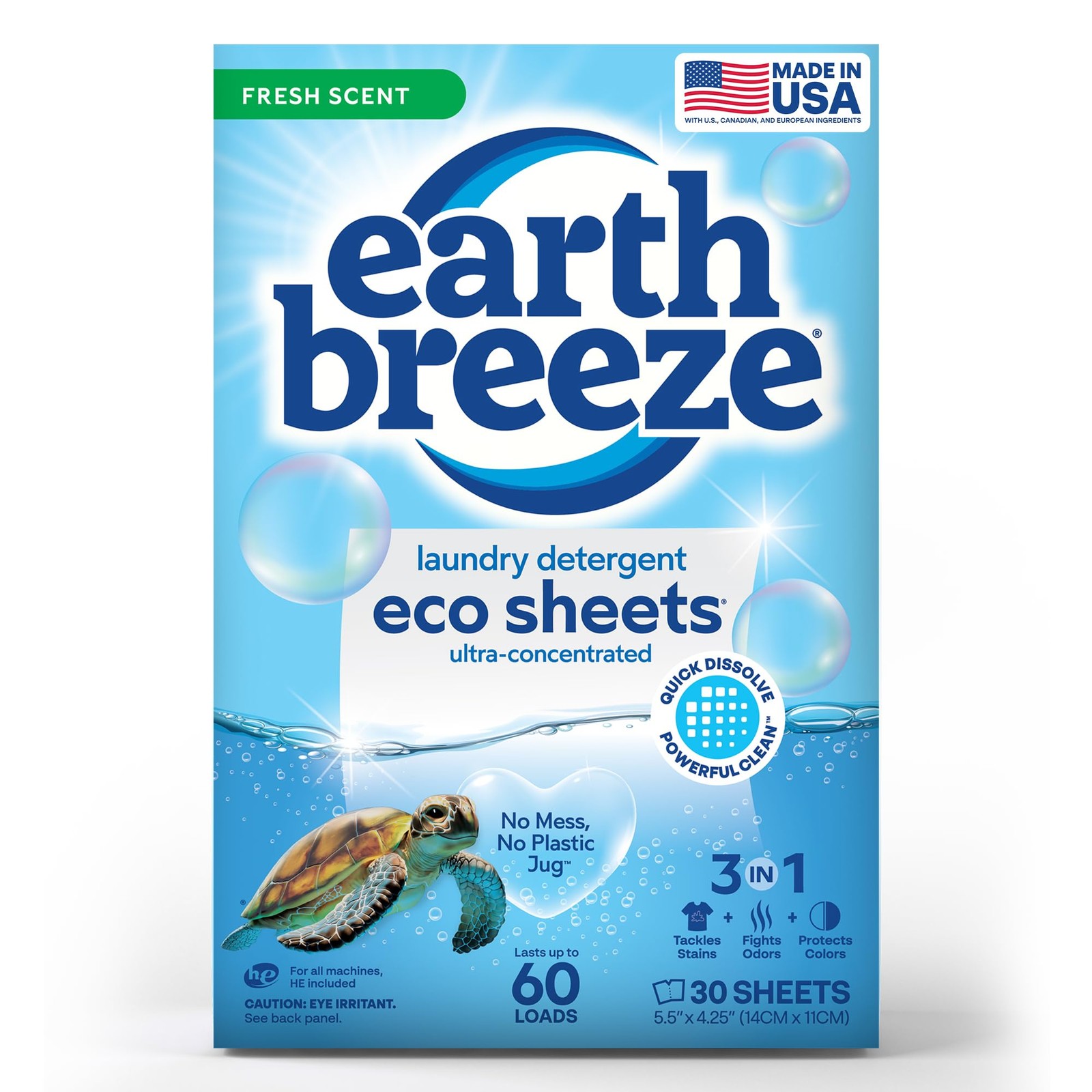 Earth Breeze Laundry Detergent Sheets Fresh 60 Loads/30 Count (Pack of 1)