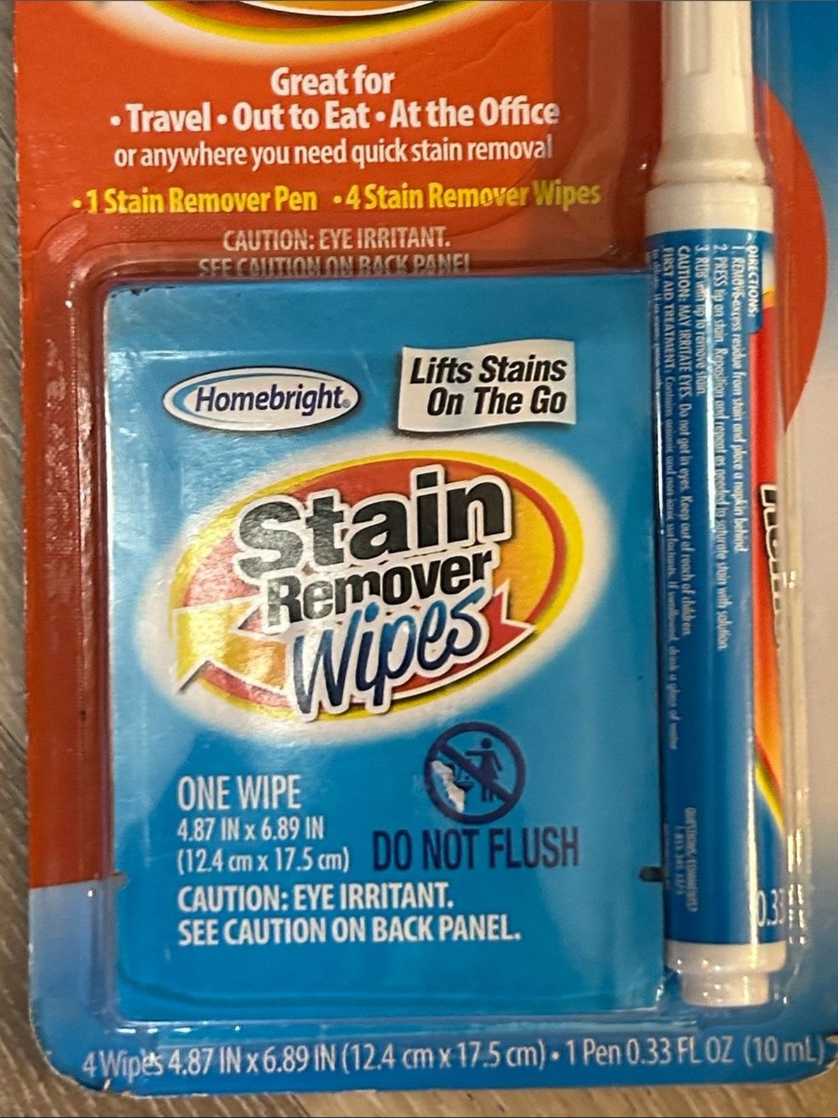 Homebright Stain Remover On The Go NIB Pen and Four Individual Packaged Wipes