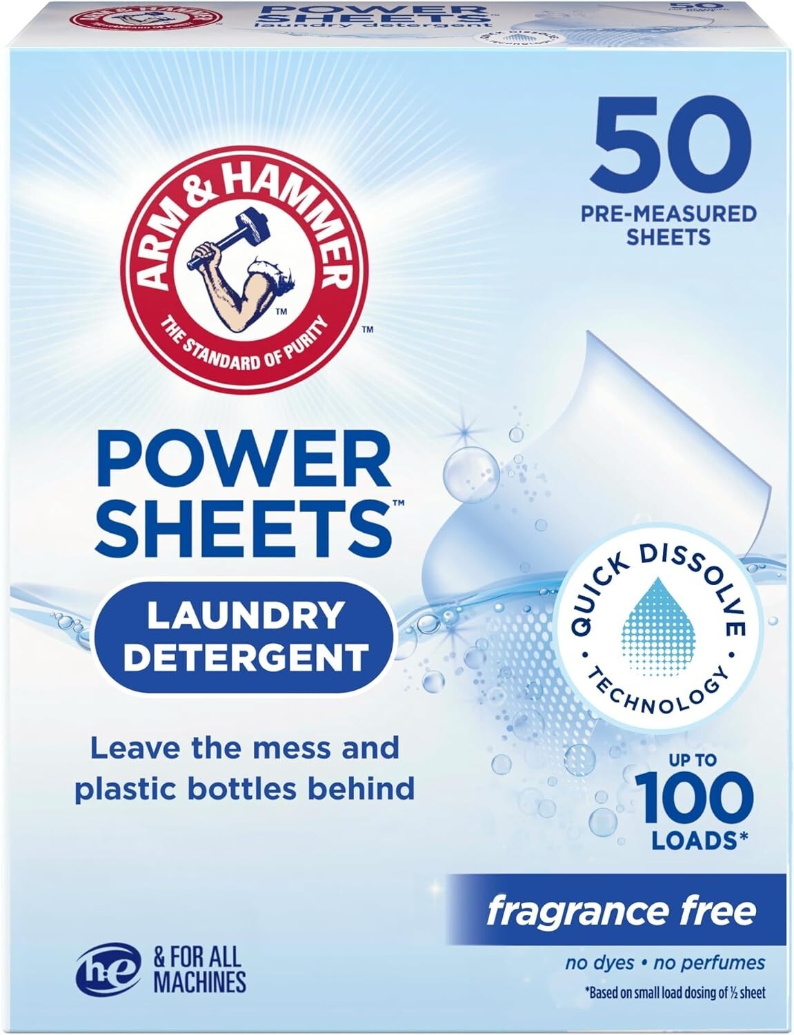 Power Sheets Laundry Detergent – Fragrance-Free, 50ct Pack for HE Machines