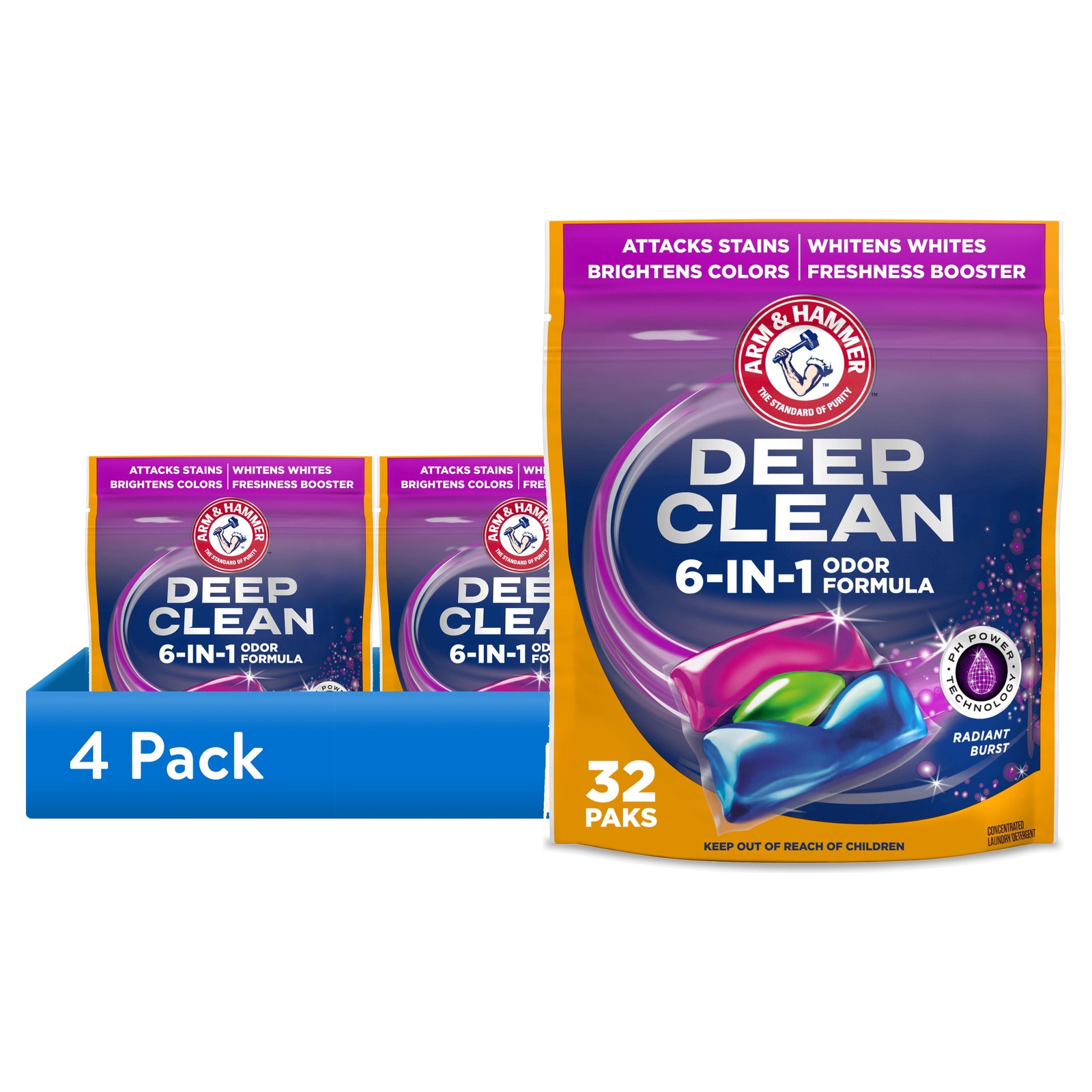 (4 pack)Deep Clean Odor Formula Detergent Power Paks, Radiant Burst, 32 Count
