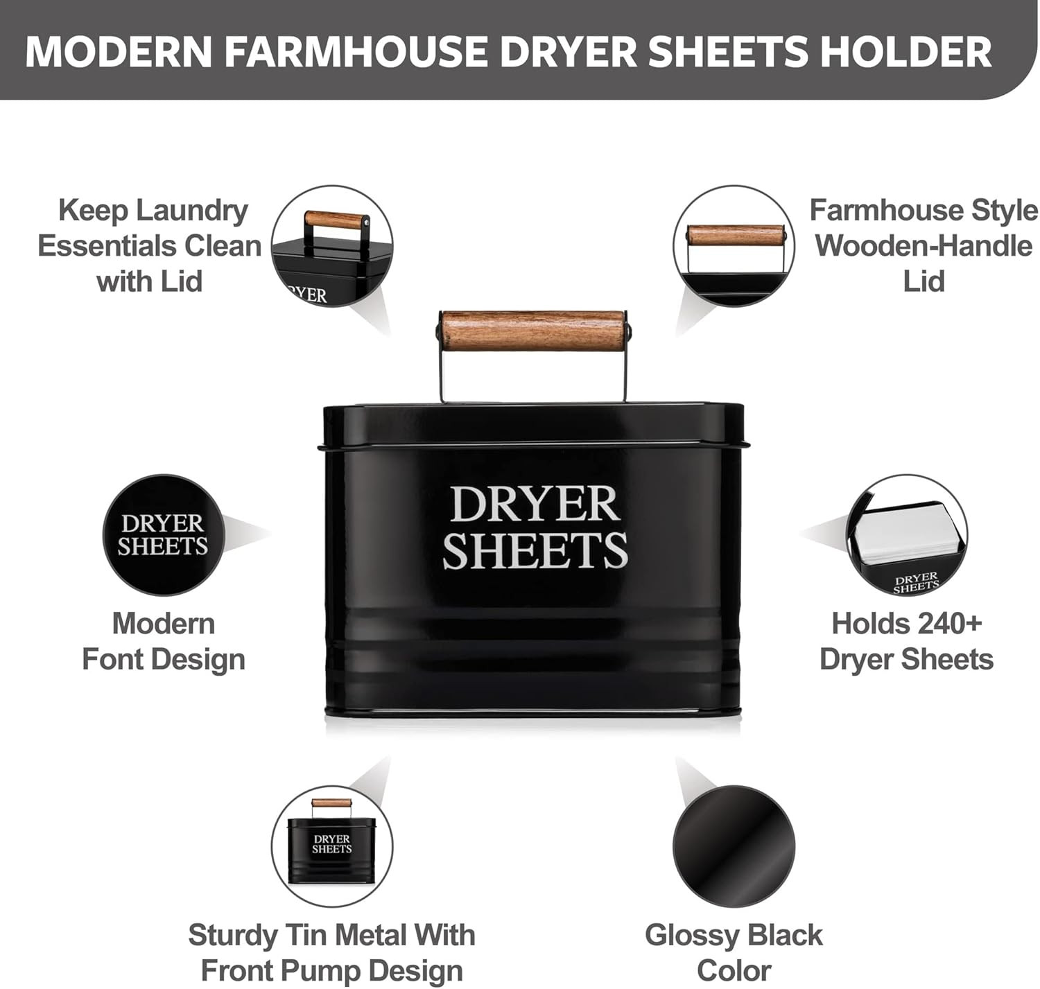 Glossy Black Metal Laundry Dryer Sheets Holder & Fabric Softener Dispenser
