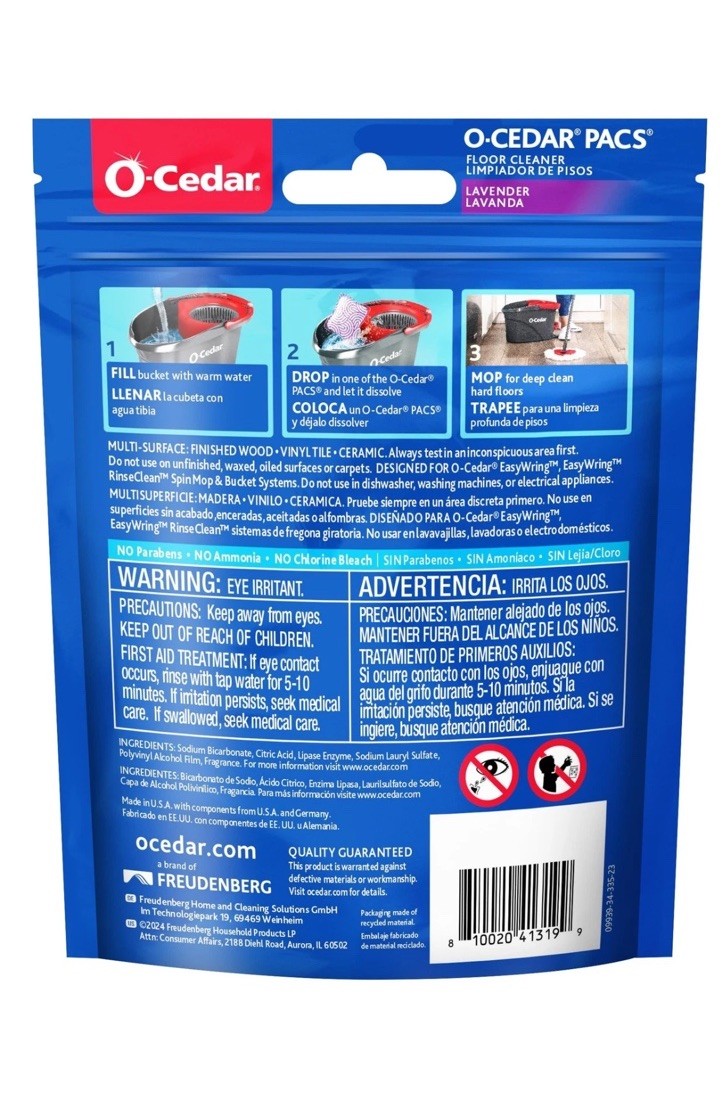 6 O-Cedar PACS Hard Floor Cleaner, Lavender Scent 10 Count Per Pack. 60 Pods