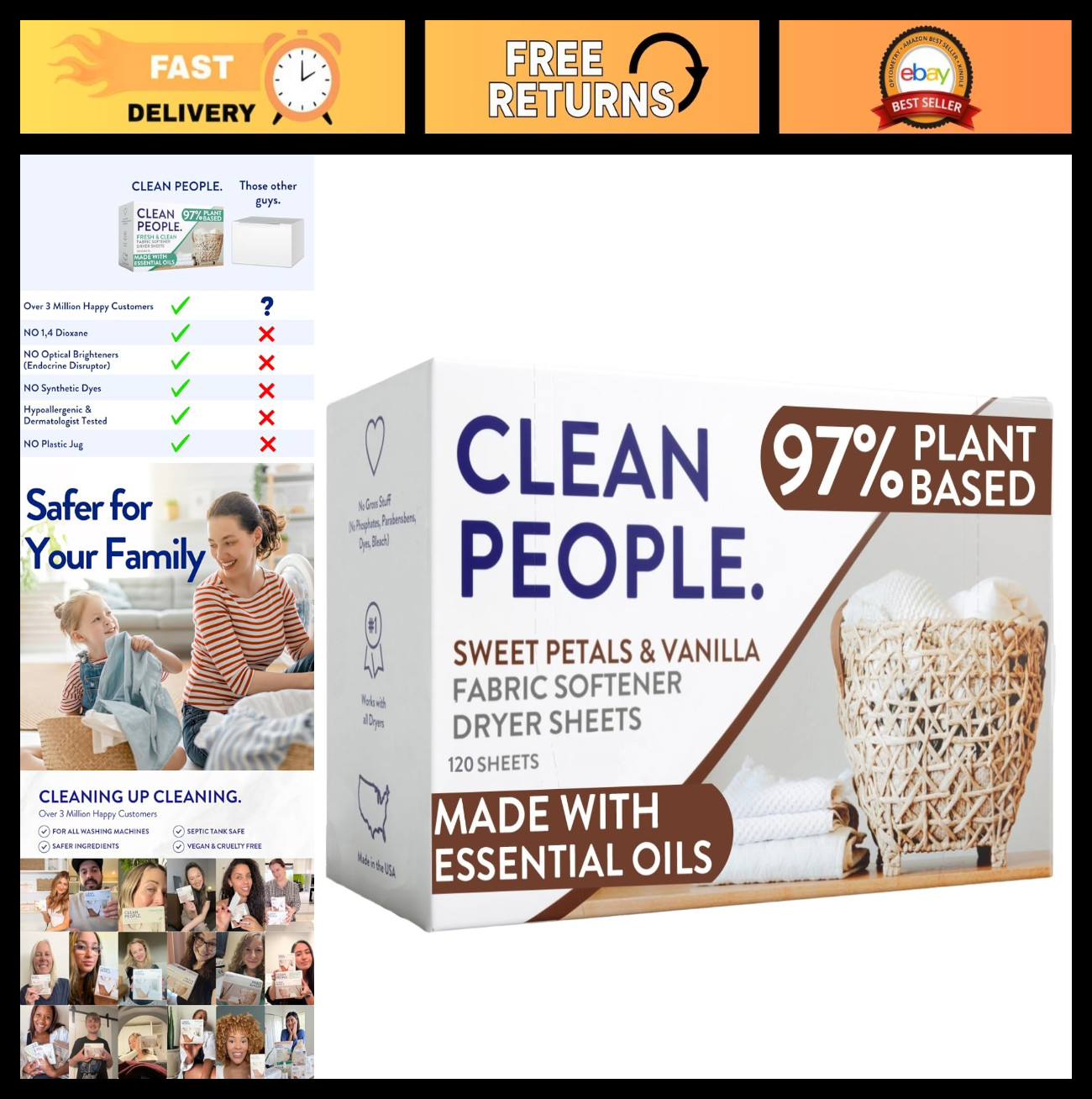 Vegan Fabric Softener Sheets – Dryer Sheets with Essential Oils – 120 Pack, Swee