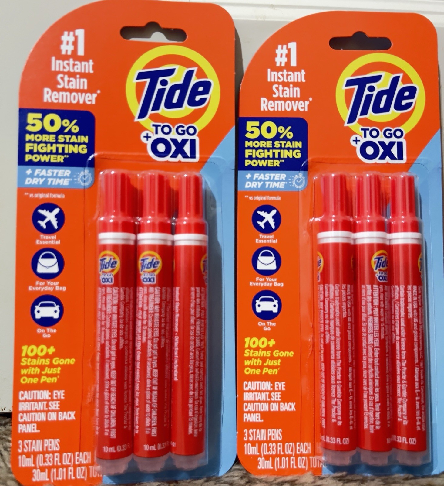 (2) Tide To Go + Oxi 3-Pack Stain Remover Pens 50% More Stain Fighting Power