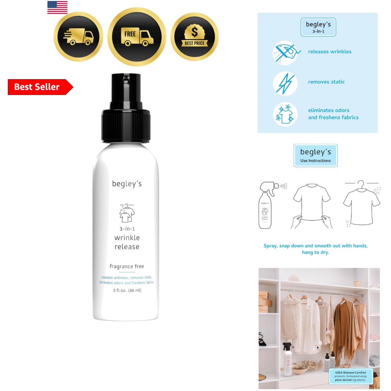 3-in-1 Wrinkle Remover, Quick Fix Wrinkle Release, Static Cling Remover, Odor…