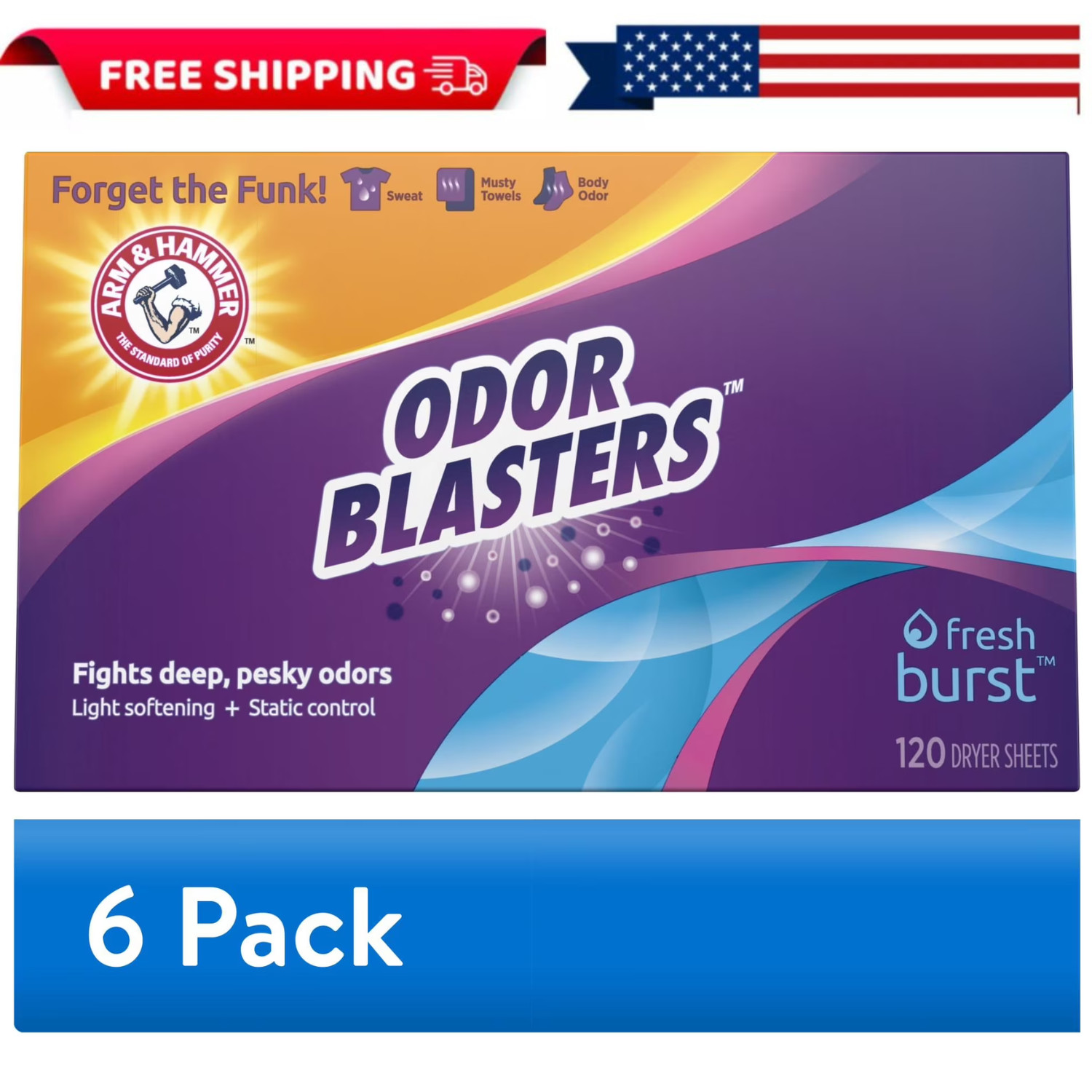 Arm & Hammer Odor Blaster Dryer Sheets, Fresh Burst, 120 Count, 6 PACK