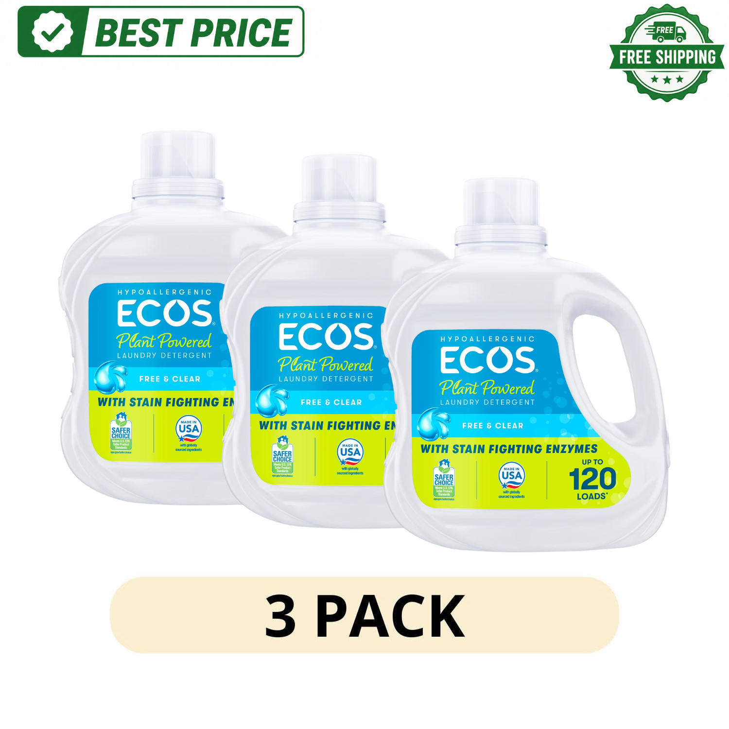 (3 Pack) ECOS Free Clear Laundry Detergent 110 fl oz, 120 Loads Hypoallergenic
