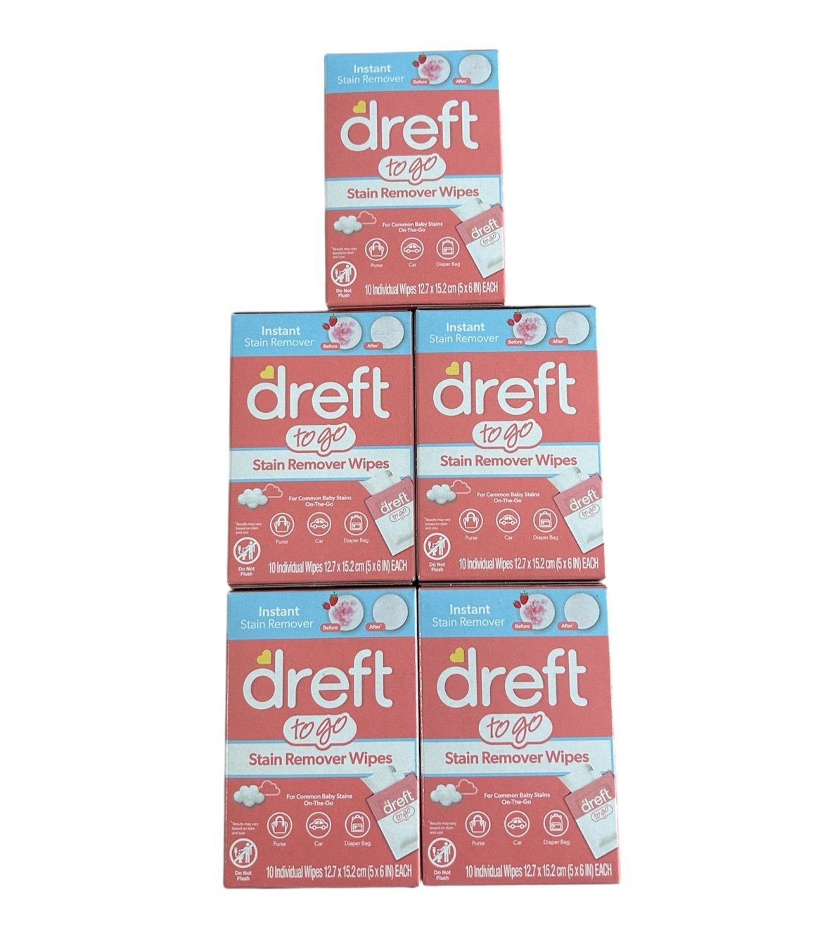 Dreft To Go Stain Remover Wipes 10 Pack Individual Wipes – LOT OF 5