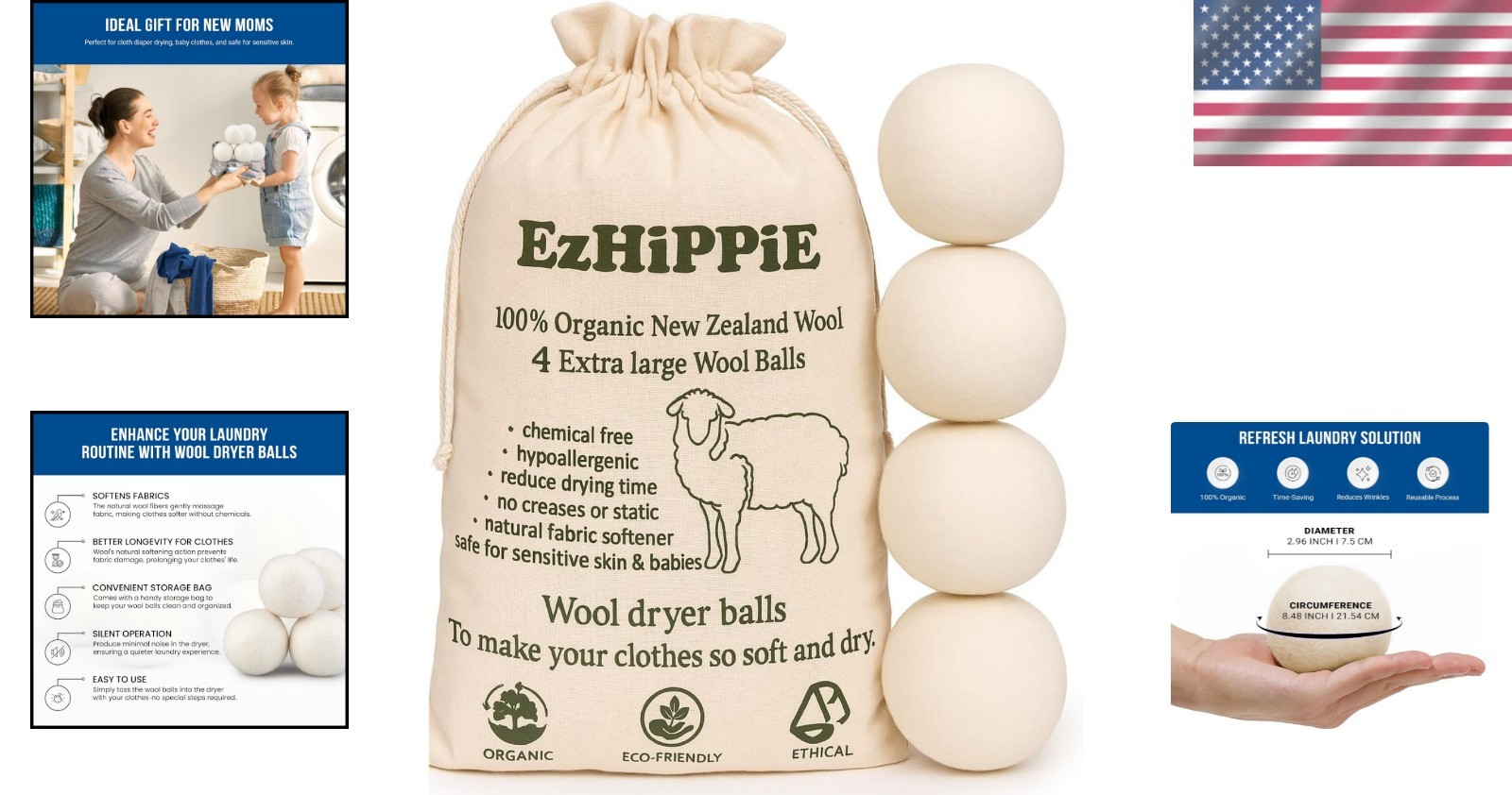 Wool Dryer Balls 4XL Pack Eco Reusable Fabric Softener Static Reducer