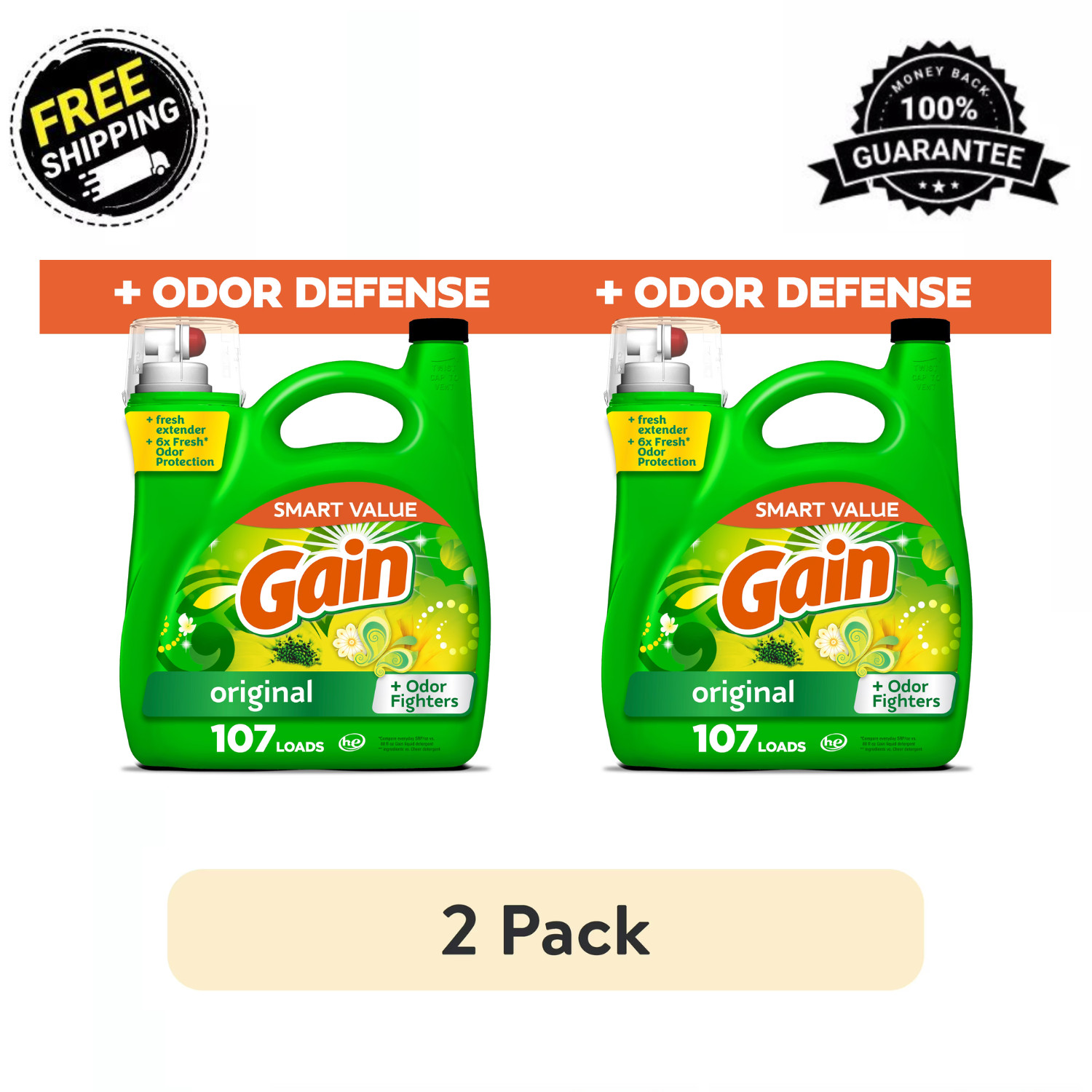 (2 Pack) Gain Original HE Laundry Detergent 107 Loads 154 -fl oz