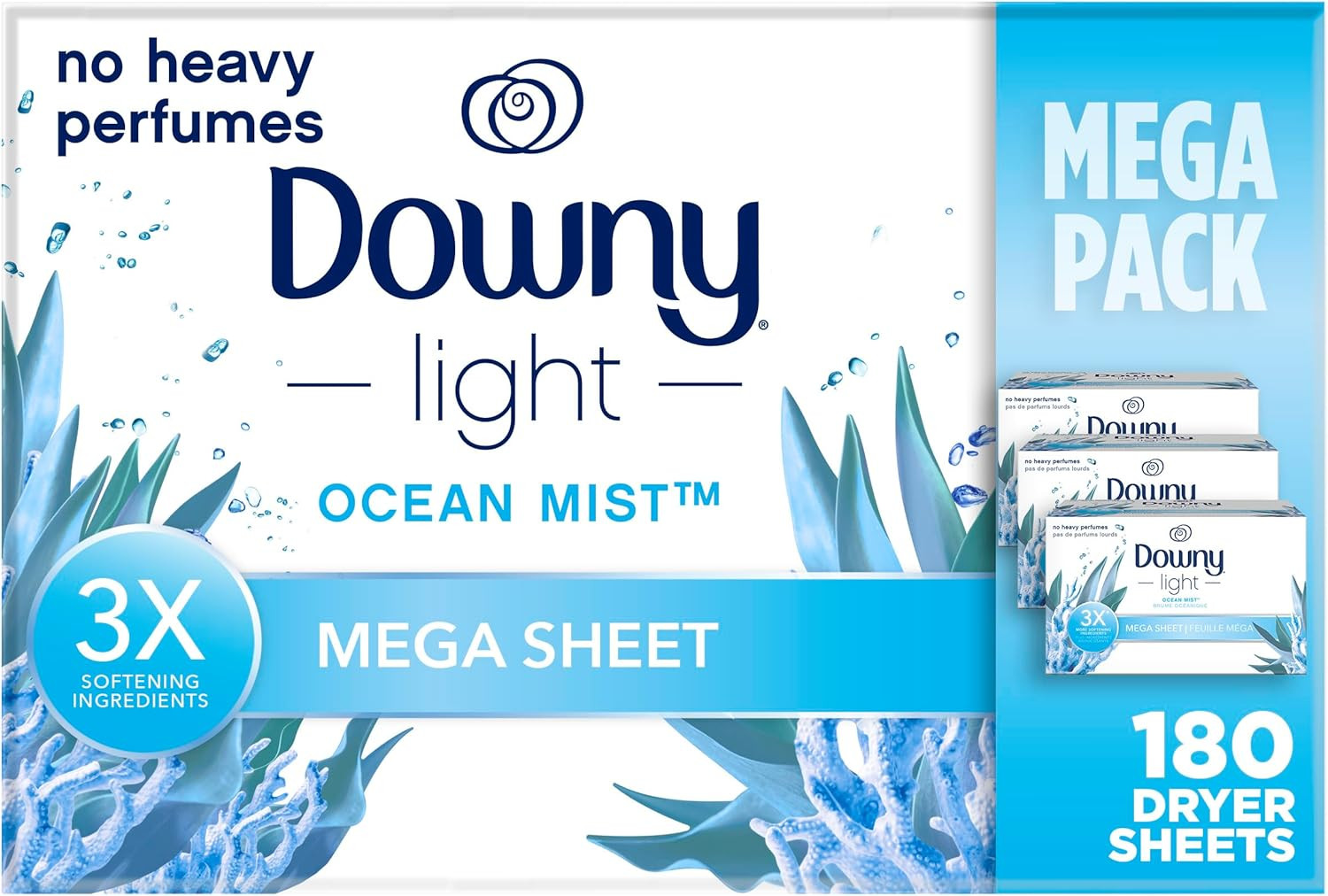 Downy Light Mega Dryer Sheets, Fabric Softener Dryer Sheets, Ocean Mist, 180 Cou