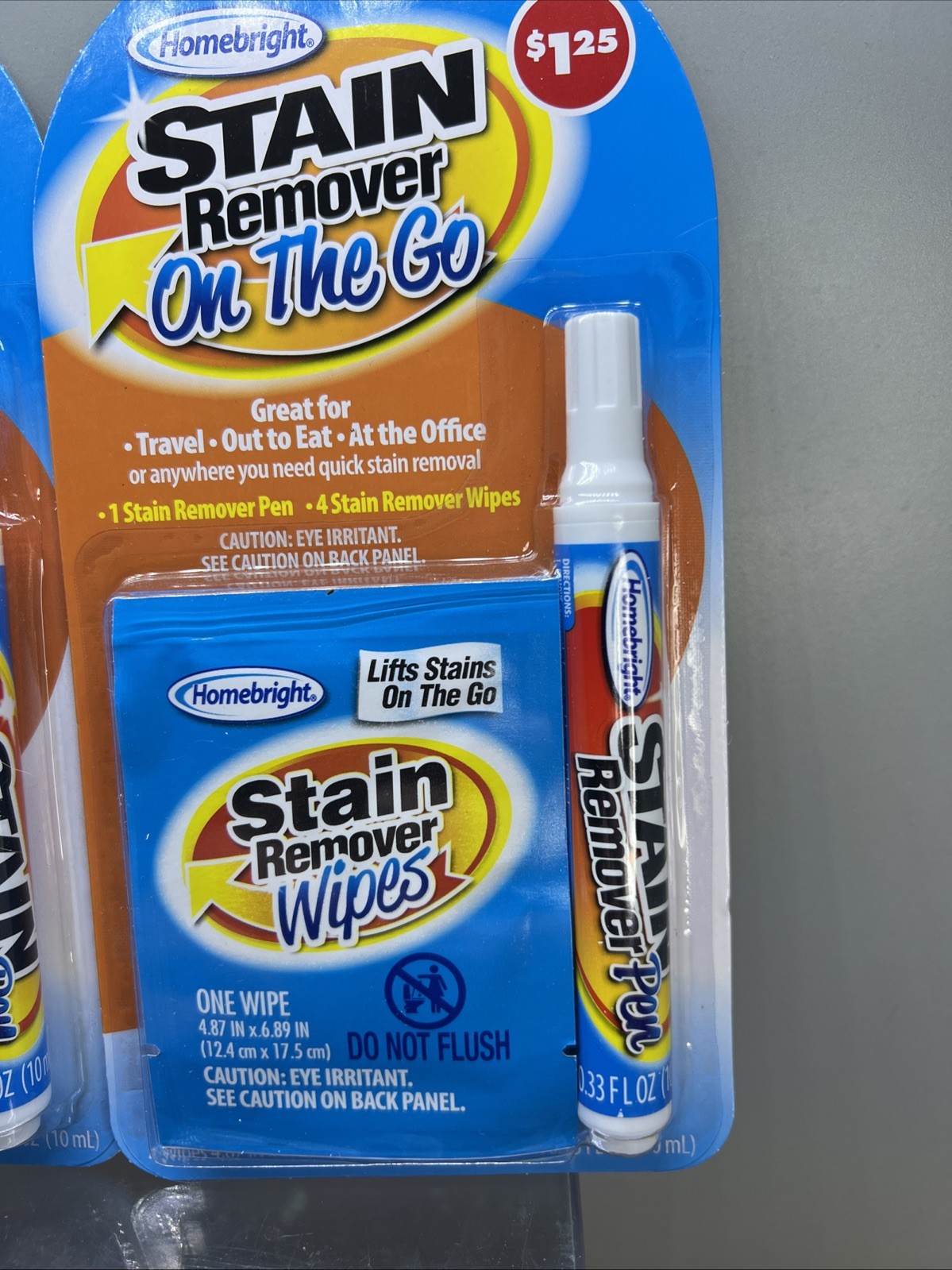2X HOMEBRIGHT STAIN REMOVER ON THE GO 1 Pen 4 Wipes Lifts Stains On The Go
