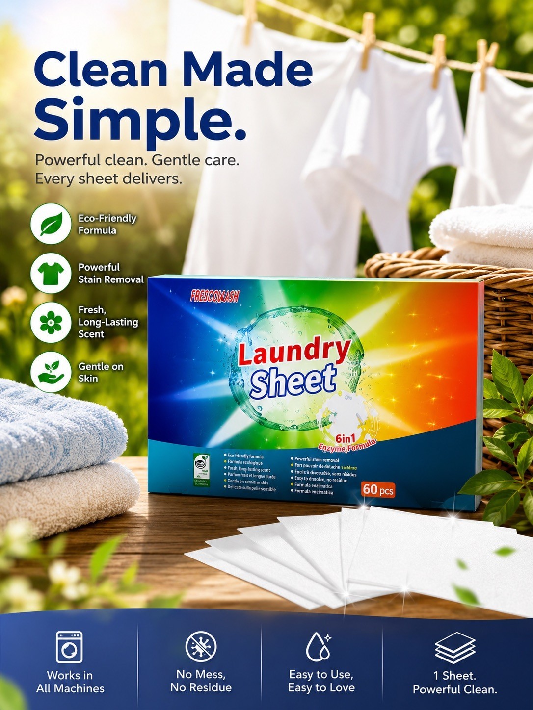 Laundry Detergent Sheets 60 PCS Loads Eco Friendly for Hand & Machine Washing