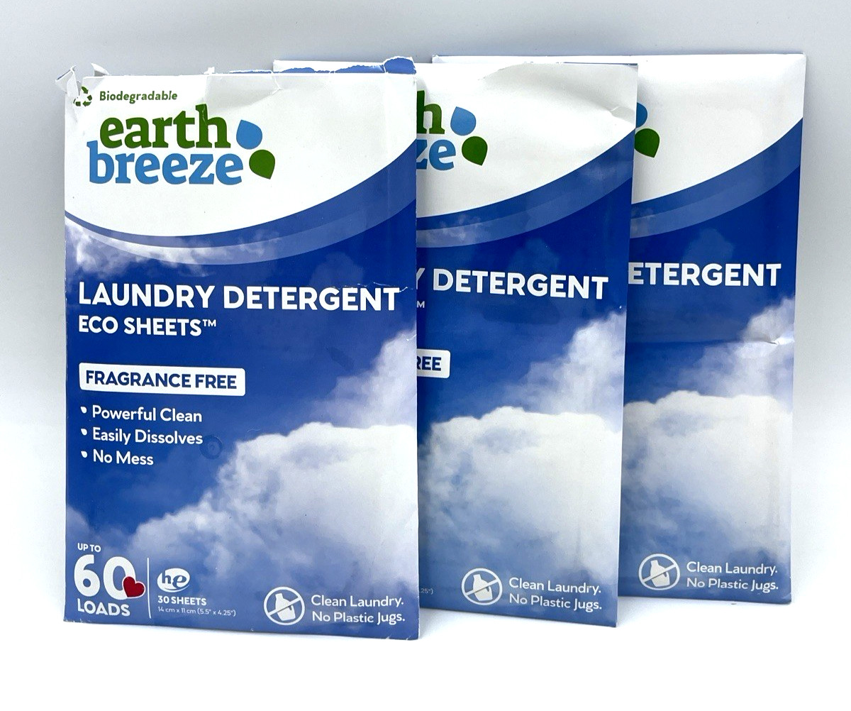3 Biodegradable Earth Breeze Laundry Detergent Eco Sheets 60 Load 30 Sheet