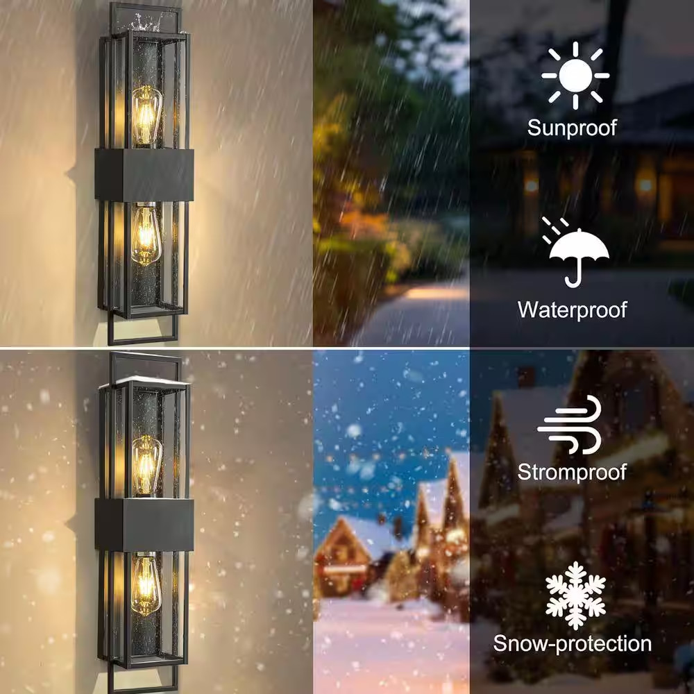 H26 In. 2-Light Modern Outdoor Wall Light W/ Dusk to Dawn Sensor Black Exterior