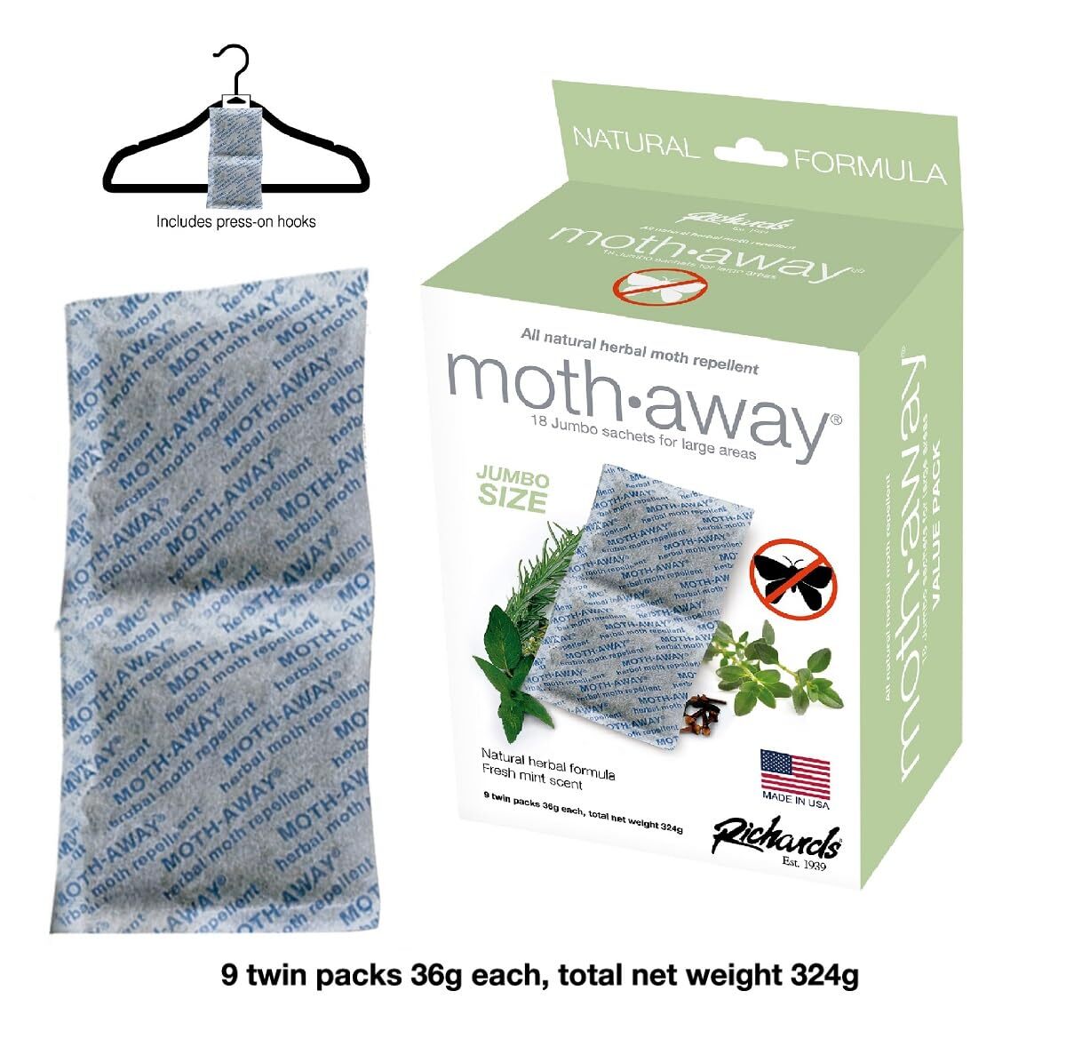 Richards Homewares 18 Jumbo Sachets Natural Moth Prevention Fresh Mint Scent