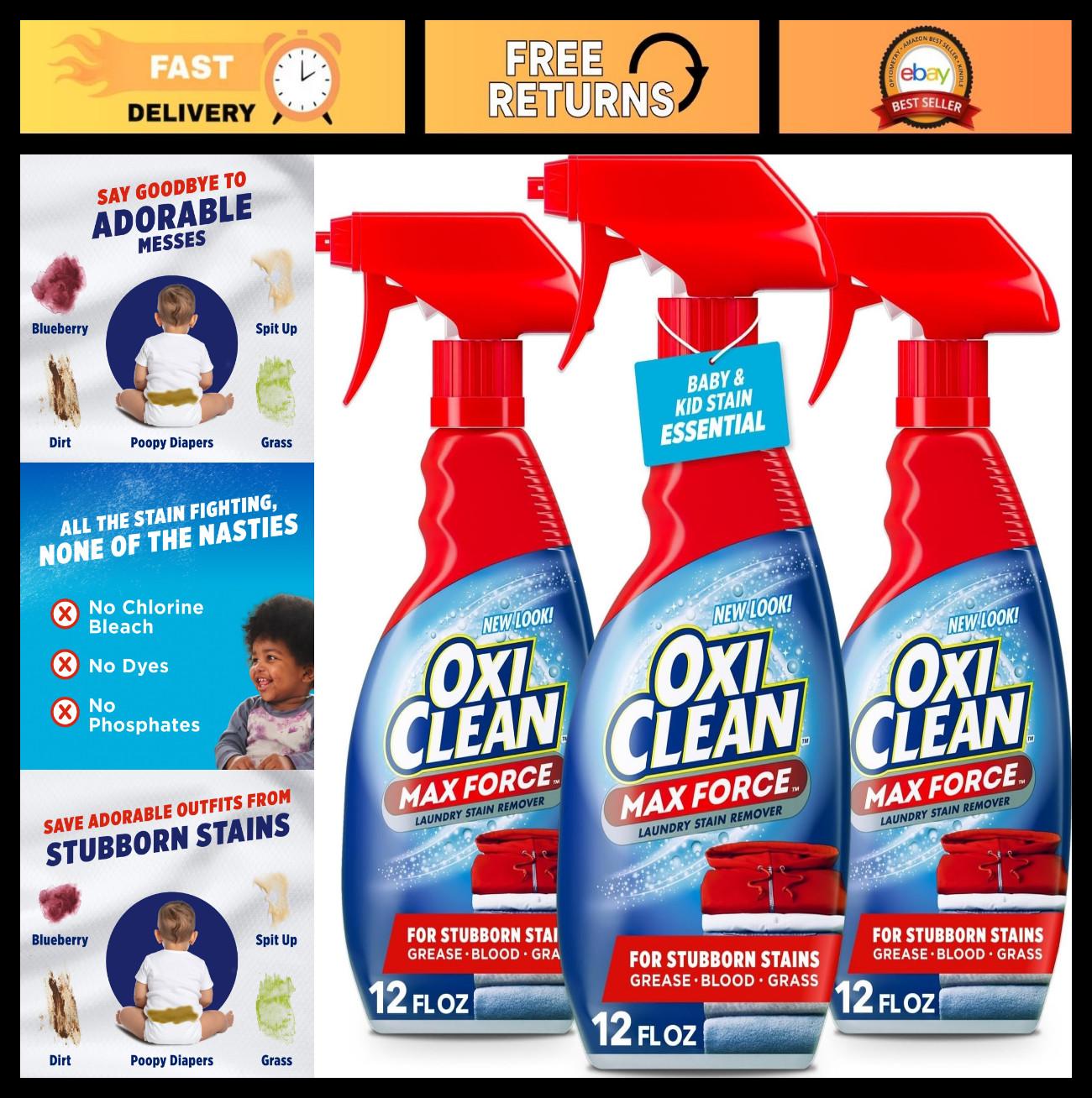Powerful Laundry Stain Remover Spray – Baby Safe, 12 fl oz, 3-Pack, Stain Treate