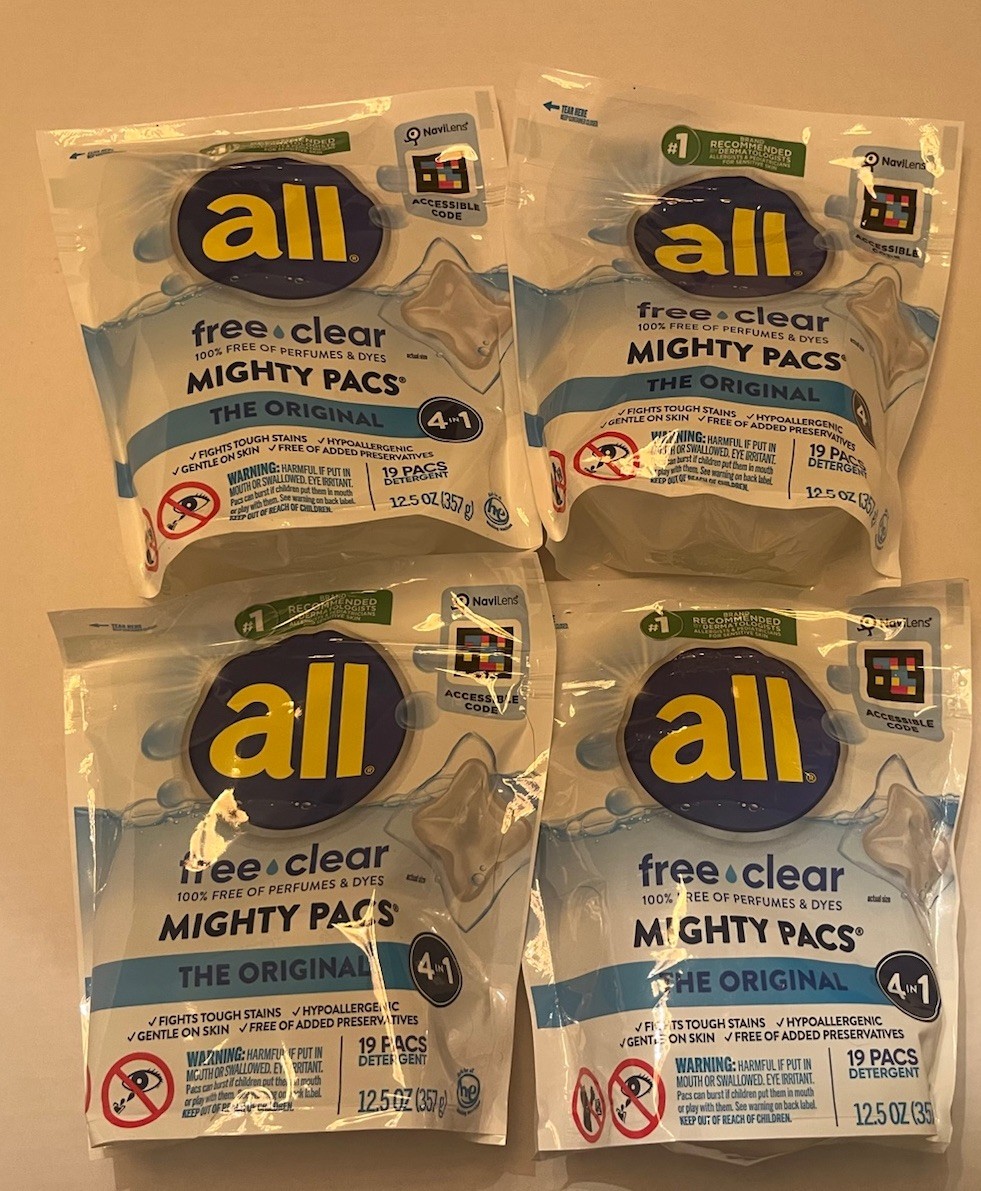all Mighty Pacs Free Clear Laundry Detergent, Unscented, 19 Ct, Lot of 4