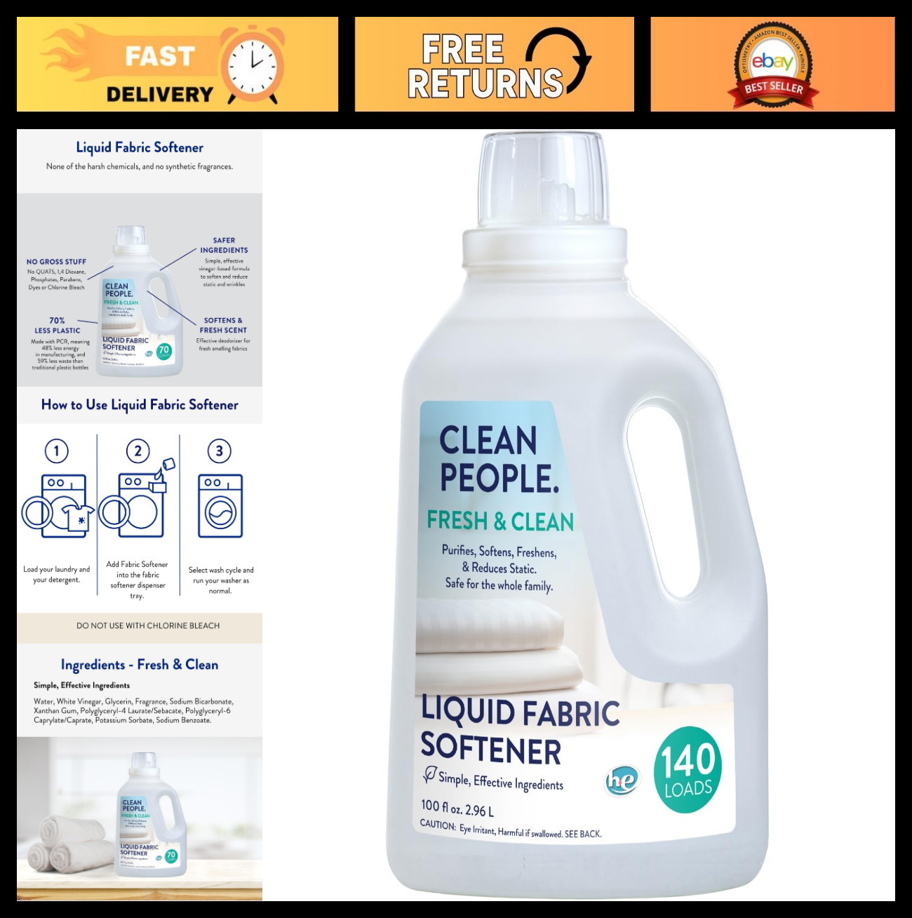 Eco-Friendly Liquid Fabric Softener – Plant-Based, Vegan, Fresh Scent – 100 fl o