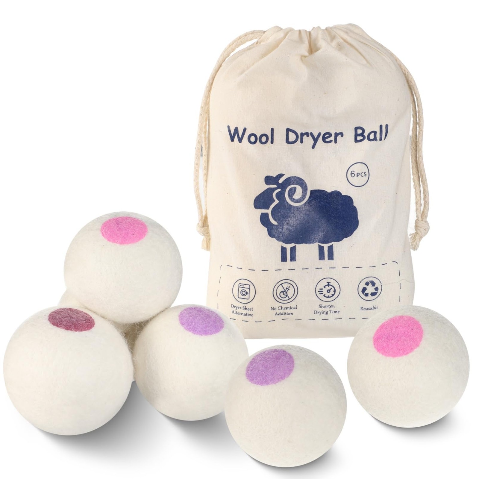 Wool Dryer Balls 6PCS Pure Organic Laundry Wool Tumble Dryer Ball Reusable Na…