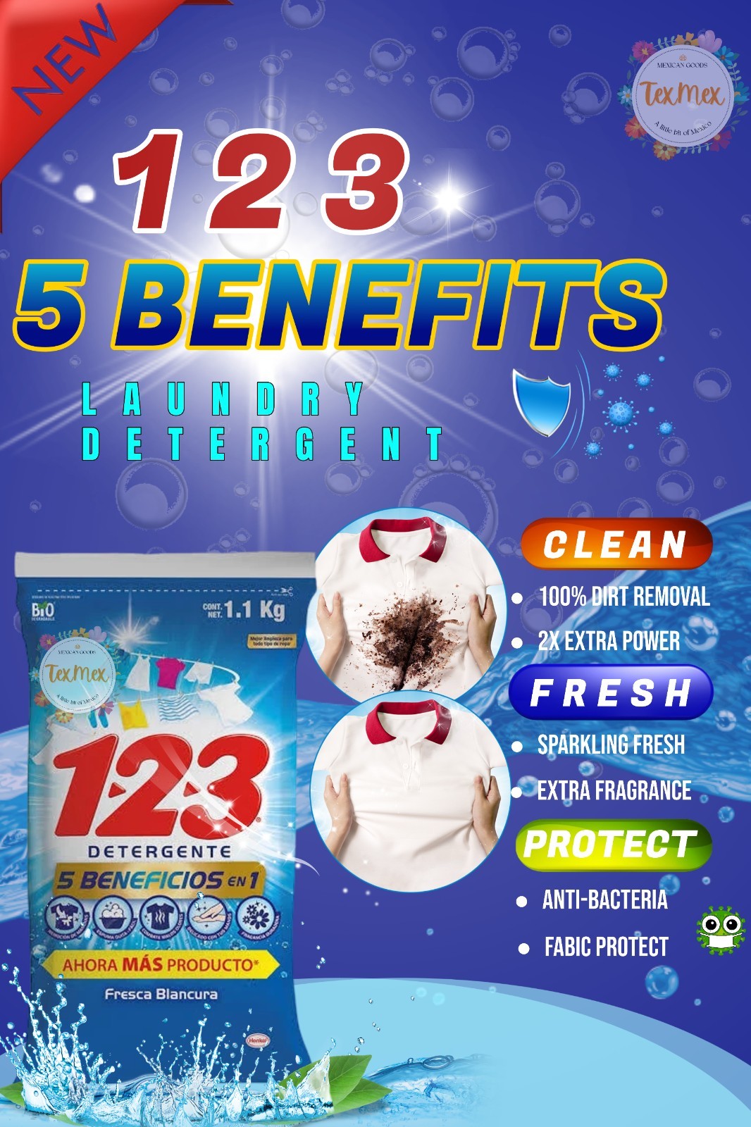 123 POWDER LAUNDRY DETERGENT 5 BENEFITS 1.1 KILO BAG TOUGH STAIN REMOVER