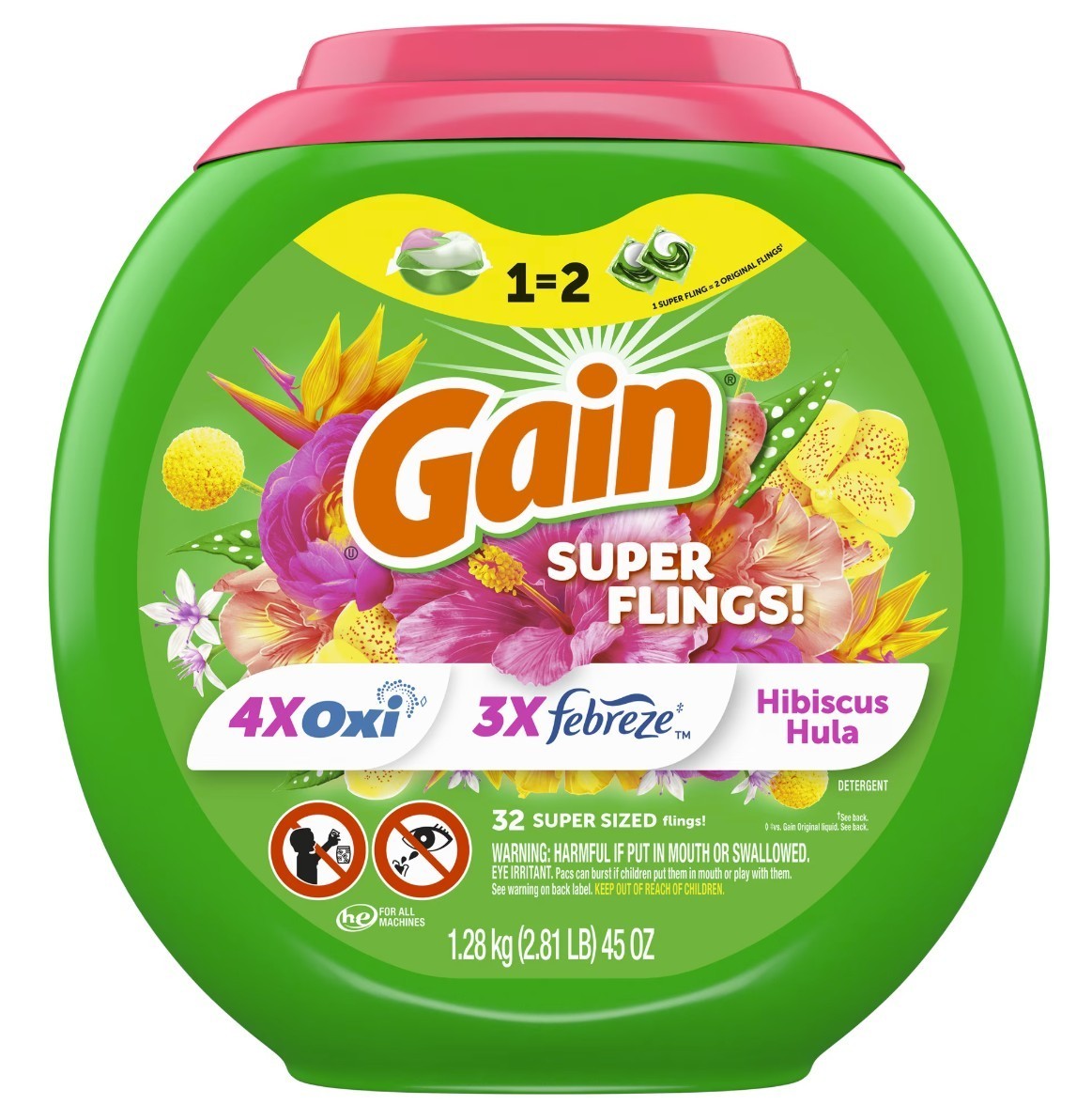 [FASH SALE] Gain Plus Flings Laundry Detergent Pacs Happy Hibiscus 32 Ct 2 Pack