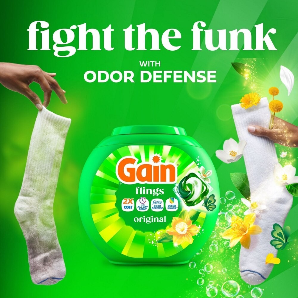 2 Pack Gain Flings 3-in-1 Oxi + Febreze Laundry Detergent, Original Scent, 60 ct