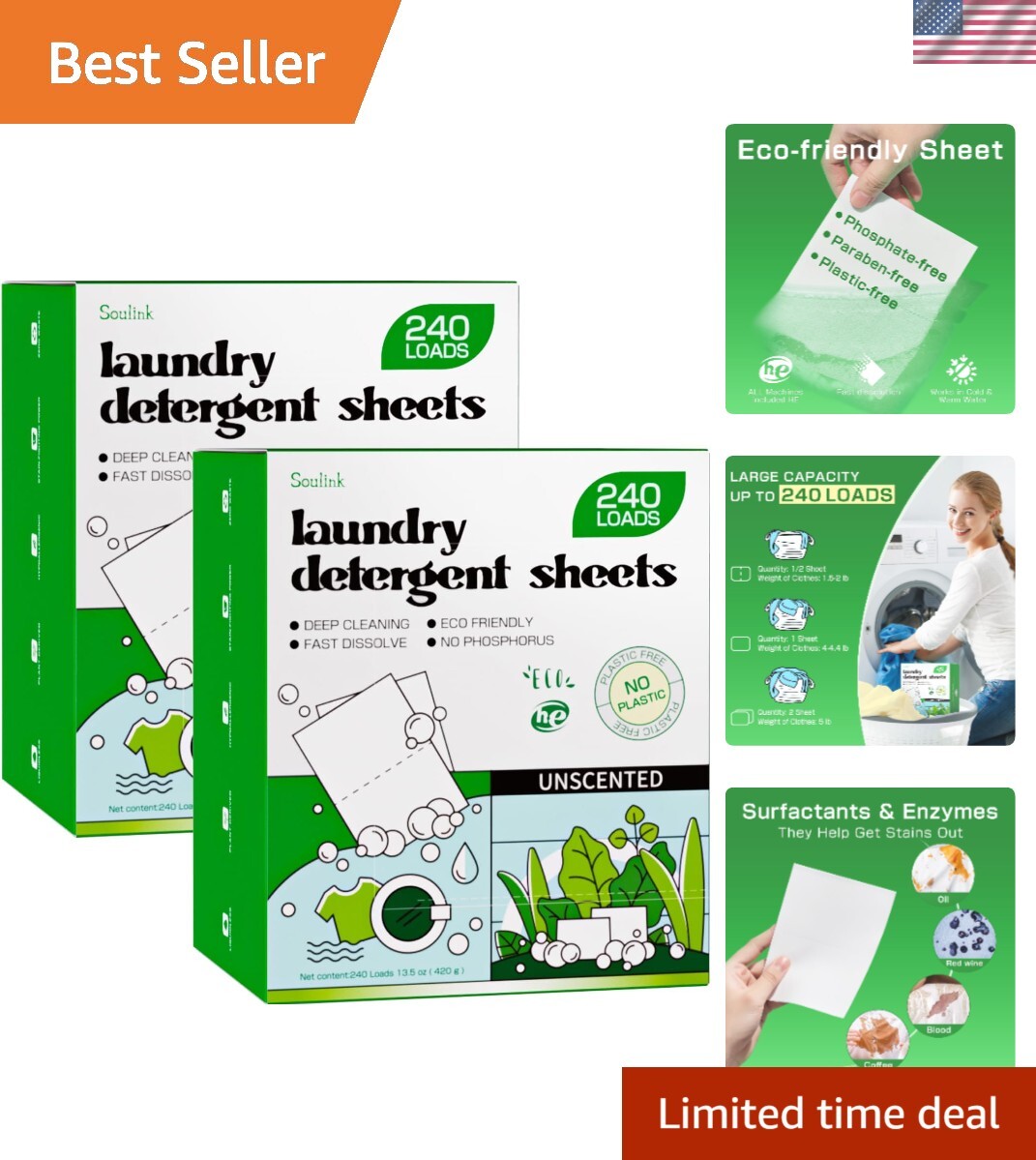 Plant-Based Unscented Laundry Detergent Sheets – 480 Loads, No Plastic Mess