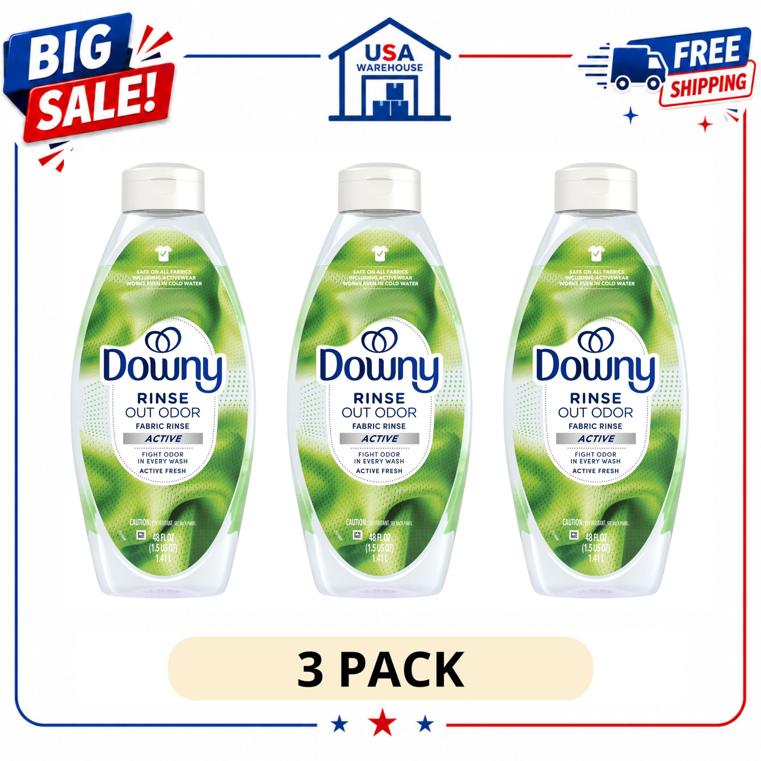 3 Pack Downy Rinse Out Odor Laundry Rinse Active Fresh Scent 48 fl oz, 70 Loads