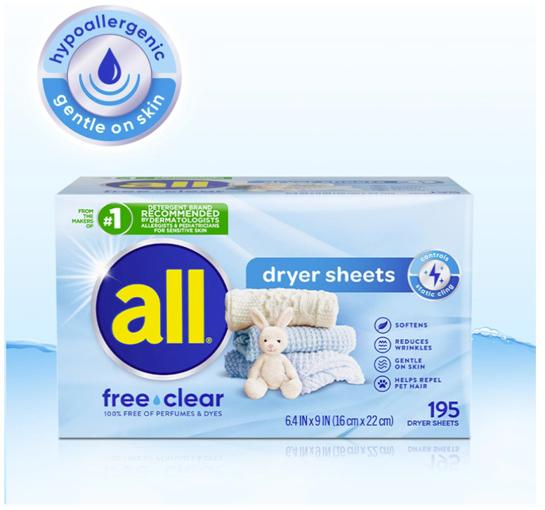 All Fabric Softener Dryer Sheets for Sensitive Skin, Free Clear, 195 Count