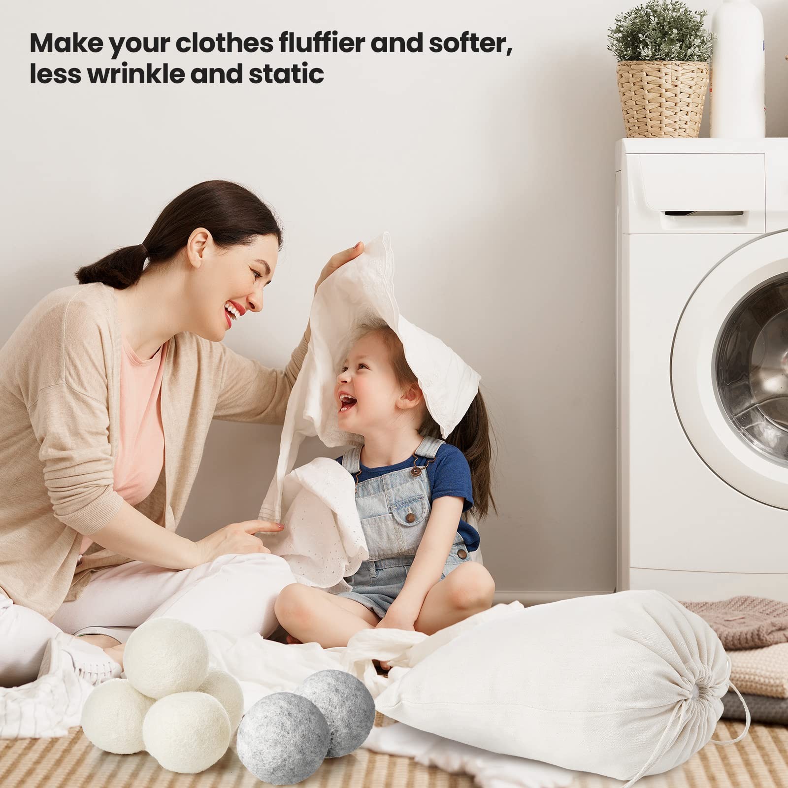 42 Pieces Wool Dryer Balls Set 40 Reusable Wool Balls with 2 Muslin Bags Laun…
