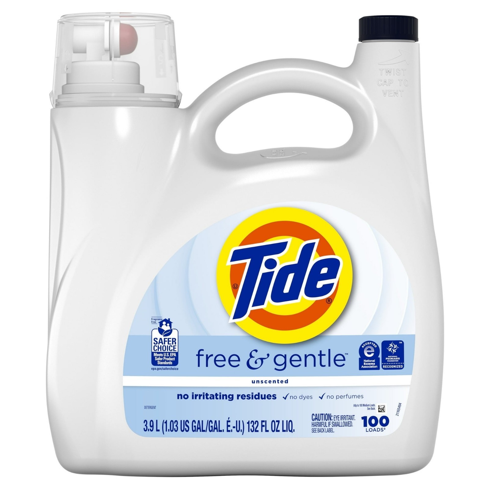Tide Free & Gentle Liquid Laundry Detergent, 132 fl oz, enough for 100 loads