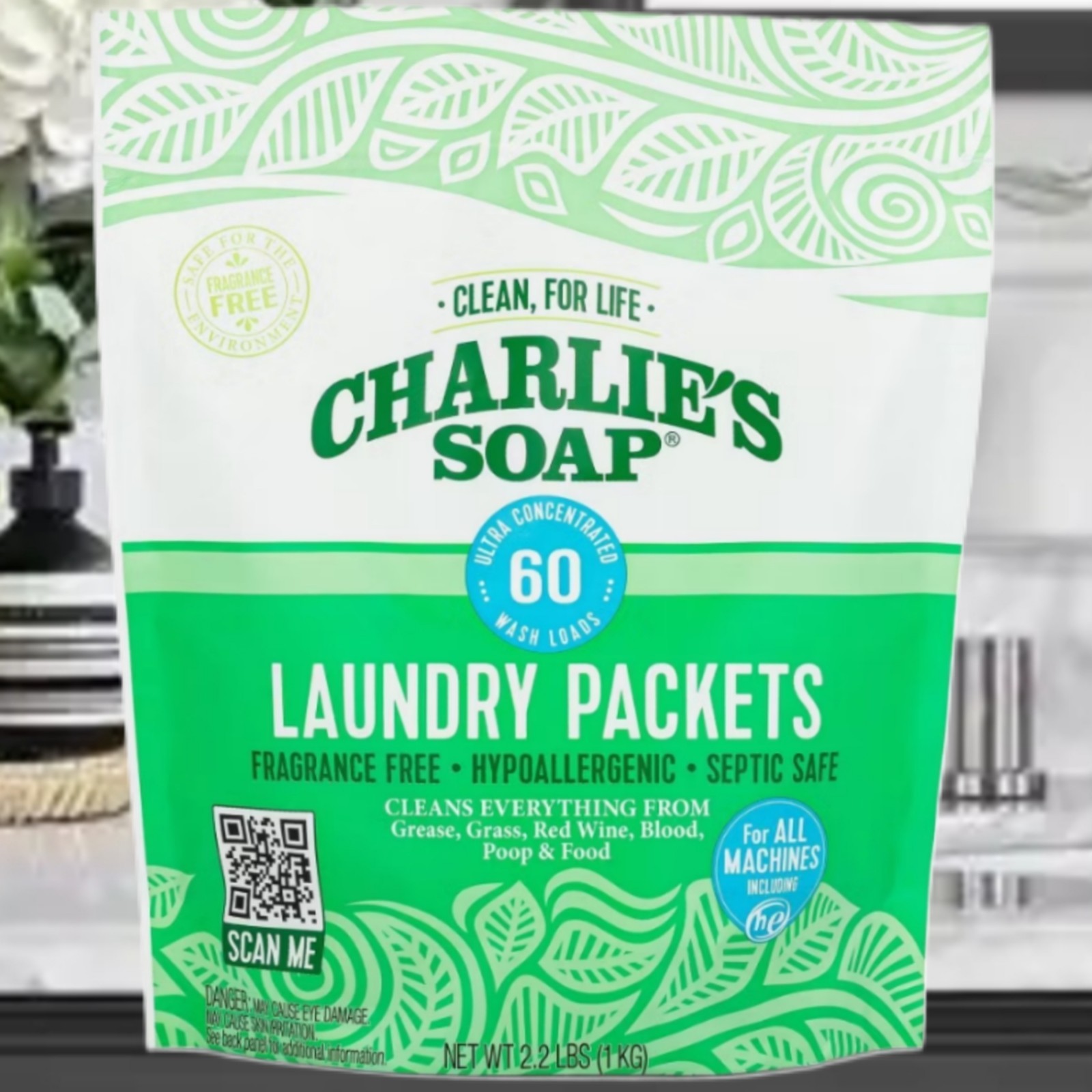 Charlie’s Soap Laundry Detergent Packets Fragrance-Free Hypoallergenic 60 Ct