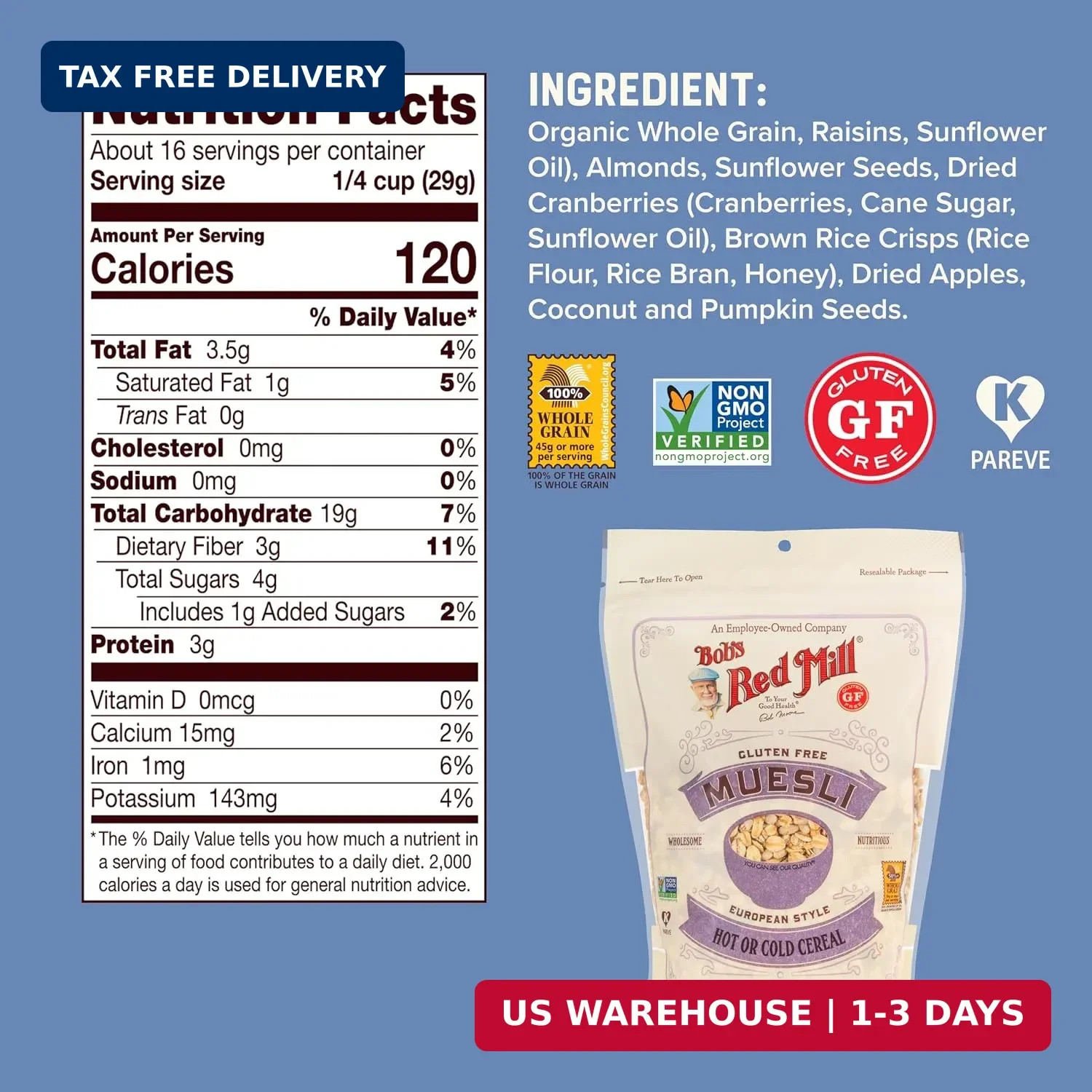 Bob’s Red Mill Gluten Free Muesli, 16oz (Pack of 4) – Gluten Free, Non GMO, Kosh