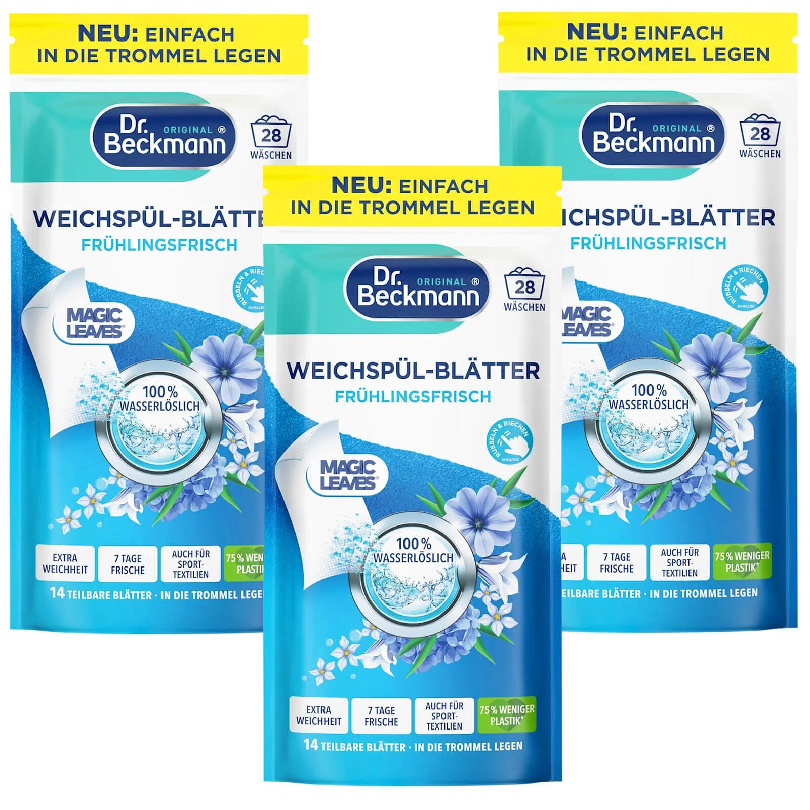 3x Dr. Beckmann Fabric Softener Sheets Spring Fresh 28 Loads Water-Soluble