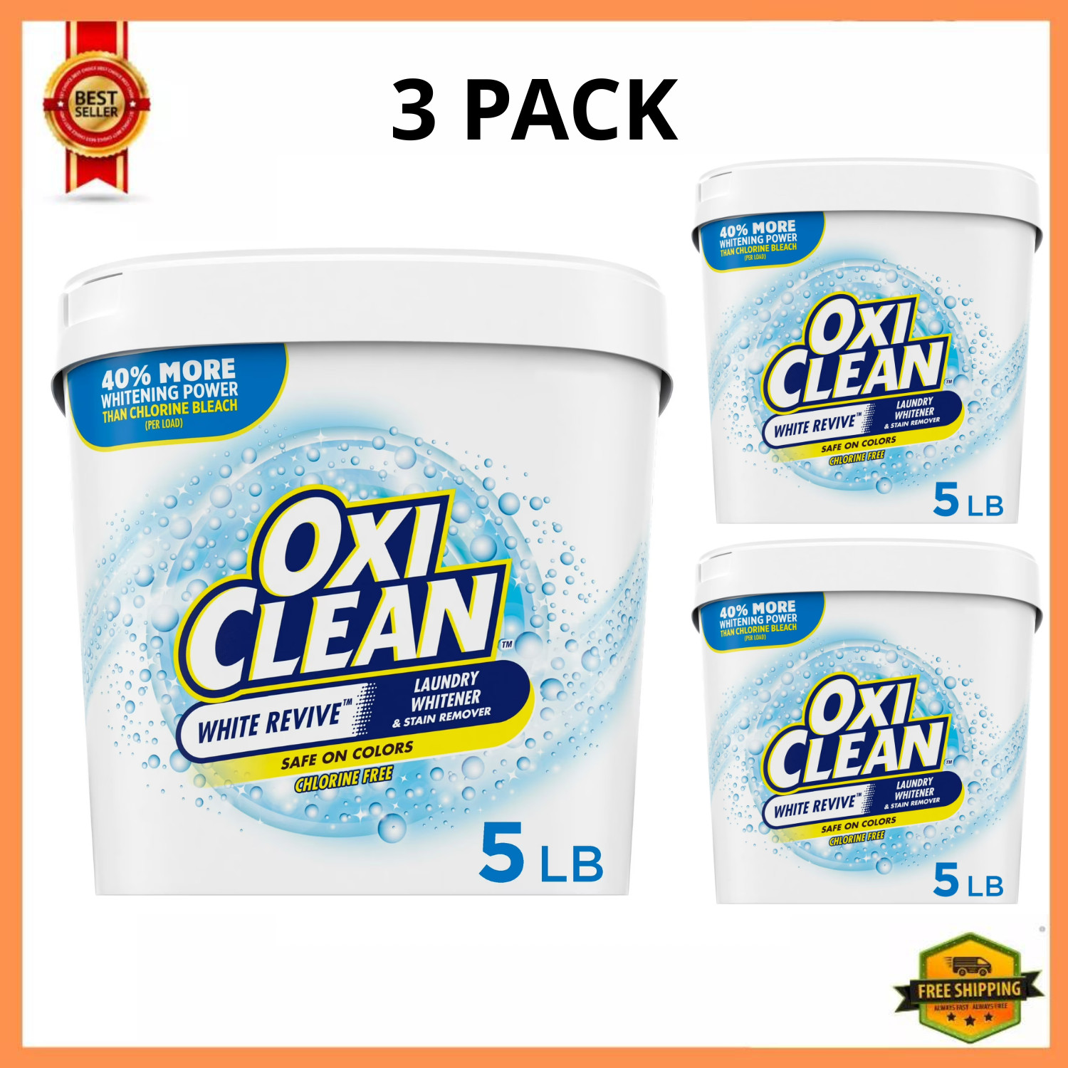 OxiClean White Revive Laundry Whitener and Stain Remover Powder, 5 lb, 3 Pack